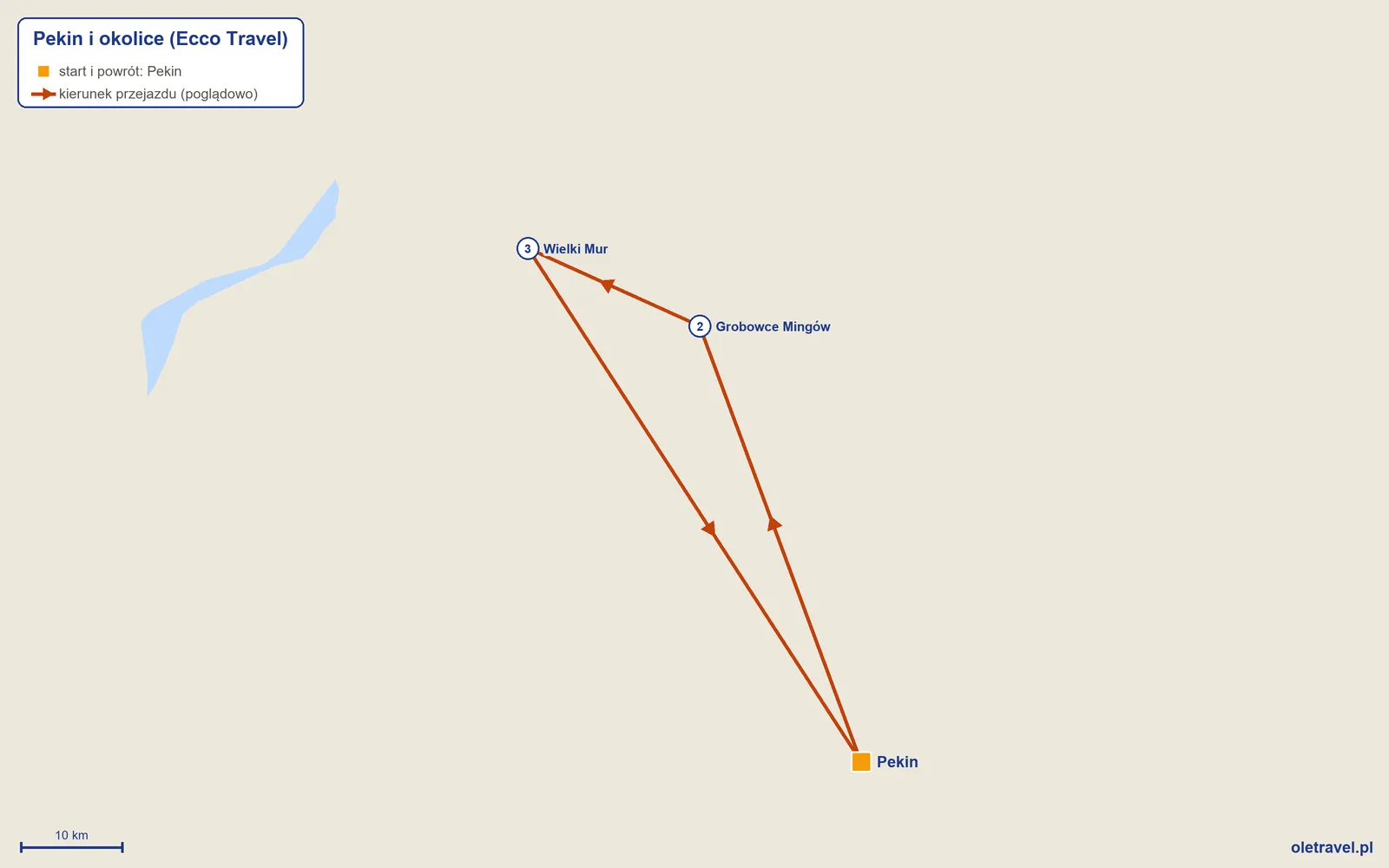 Mapa trasy wycieczki „Pekin i okolice” z Ecco Travel: Pekin – Grobowce Mingów – Wielki Mur – Pekin