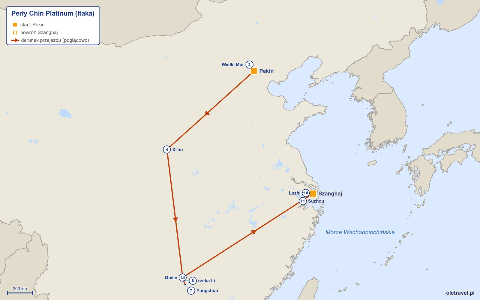 Mapa trasy wycieczki „Perły Chin Platinum” z Itaką: Pekin – Wielki Mur – Pekin – Xi'an – Guilin – rzeka Li – Yangshuo – Guilin – Szanghaj – Luzhi – Suzhou – Szanghaj