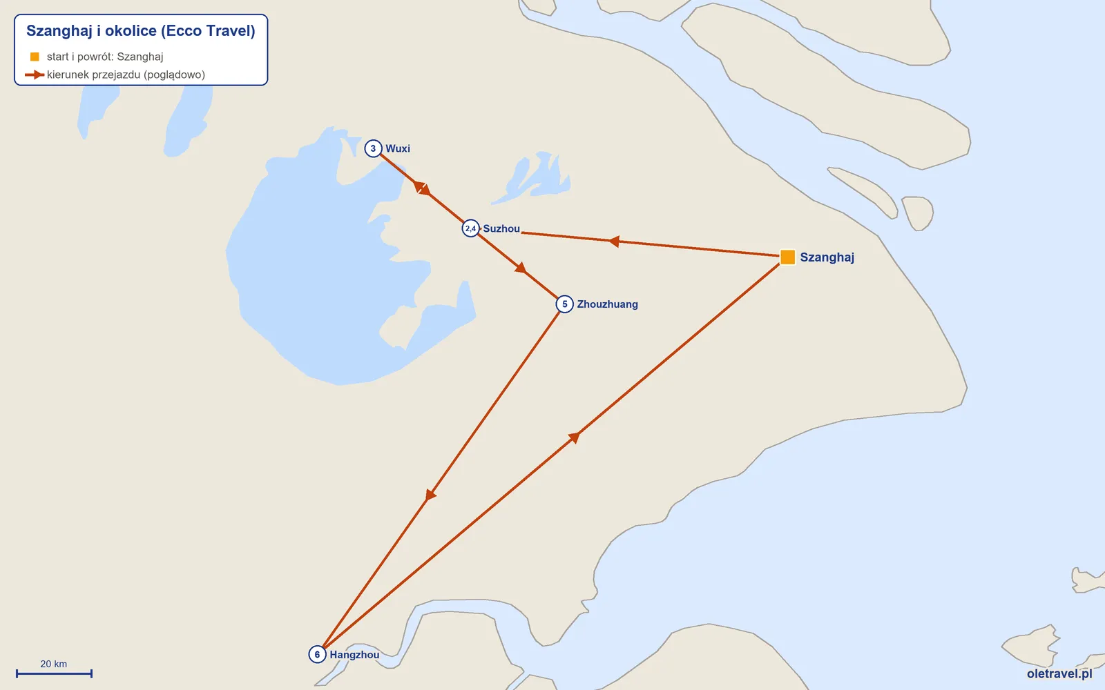 Mapa trasy wycieczki „Szanghaj i okolice” z Ecco Travel: Szanghaj – Suzhou – Wuxi – Suzhou – Zhouzhuang – Hangzhou – Szanghaj