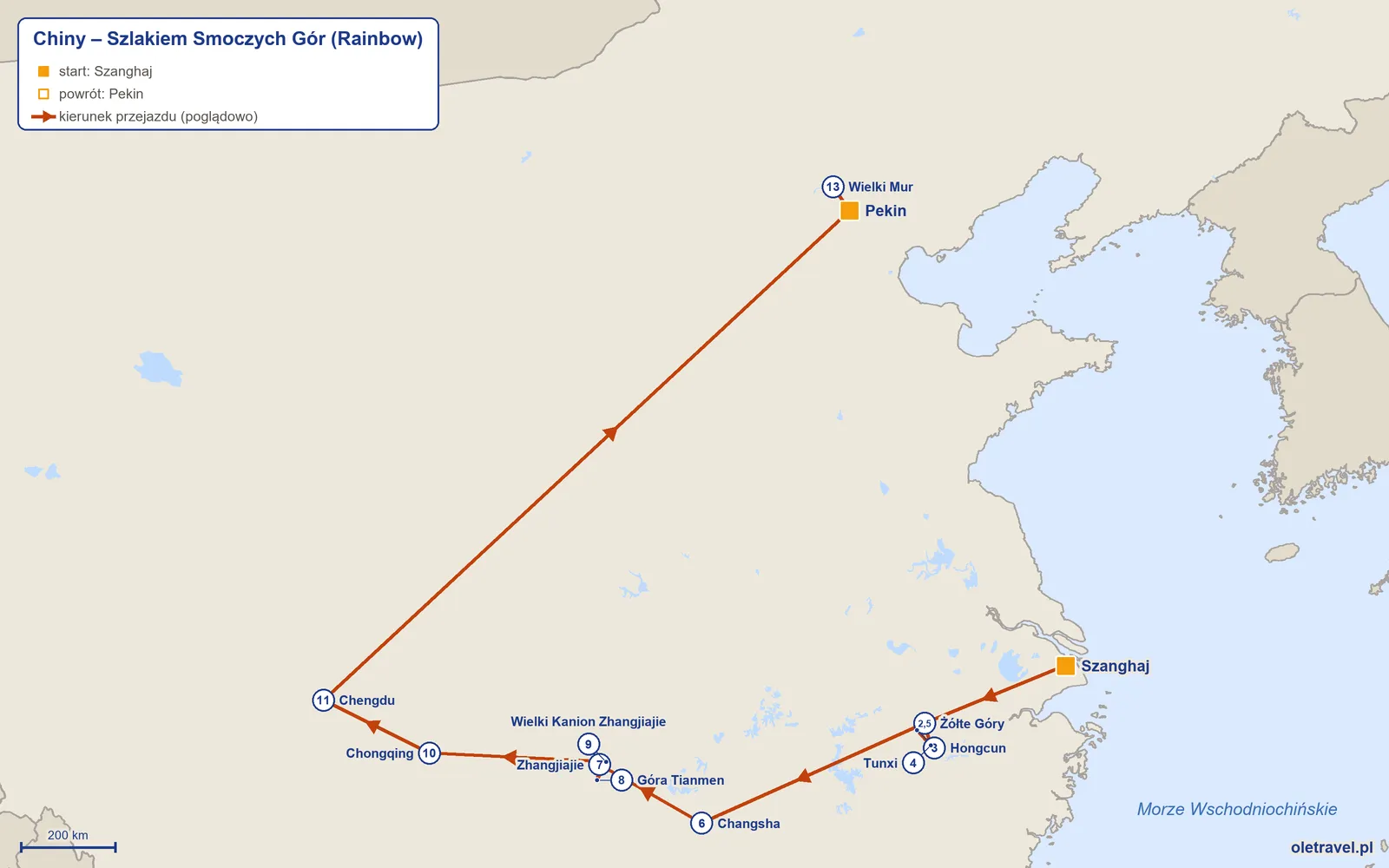 Mapa trasy wycieczki „Chiny – Szlakiem Smoczych Gór” z Rainbow: Szanghaj – Żółte Góry – Hongcun – Tunxi – Żółte Góry – Changsha – Zhangjiajie – Góra Tianmen – Wielki Kanion Zhangjiajie – Chongqing – Chengdu – Pekin – Wielki Mur – Pekin