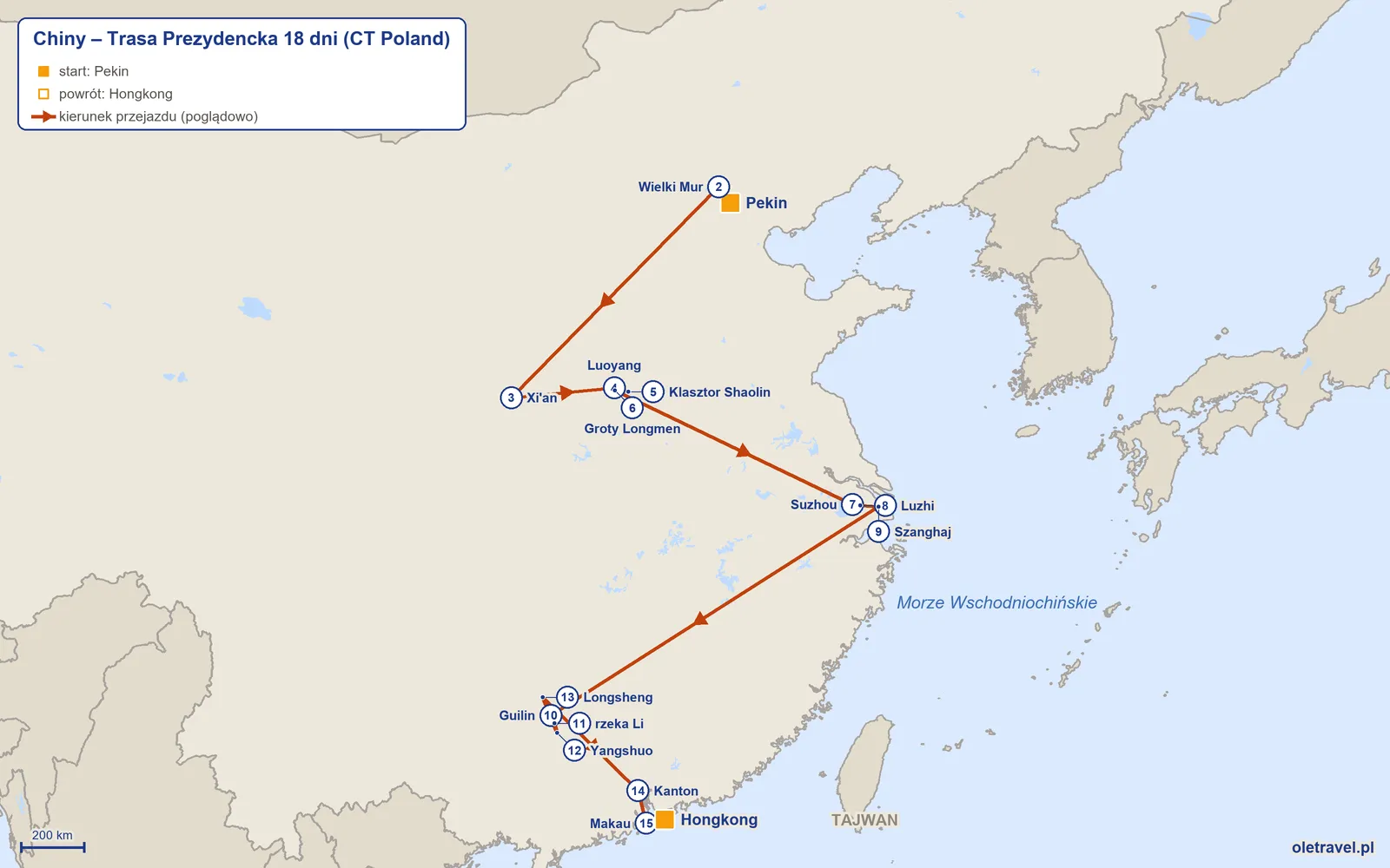 Mapa trasy wycieczki „Chiny – Trasa Prezydencka 18 dni” z CT Poland: Pekin – Wielki Mur – Xi'an – Luoyang – Klasztor Shaolin – Groty Longmen – Suzhou – Luzhi – Szanghaj – Guilin – rzeka Li – Yangshuo – Longsheng – Kanton – Makau – Hongkong