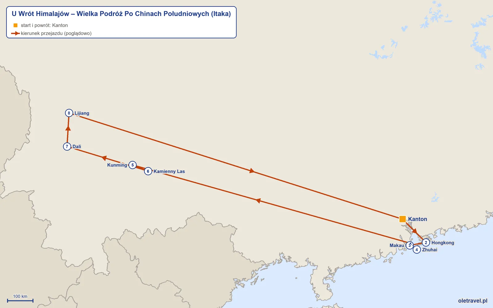 Mapa trasy wycieczki „U Wrót Himalajów – Wielka Podróż Po Chinach Południowych” z Itaką: Kanton – Hongkong – Makau – Zhuhai – Kunming – Kamienny Las – Dali – Lijiang – Kanton