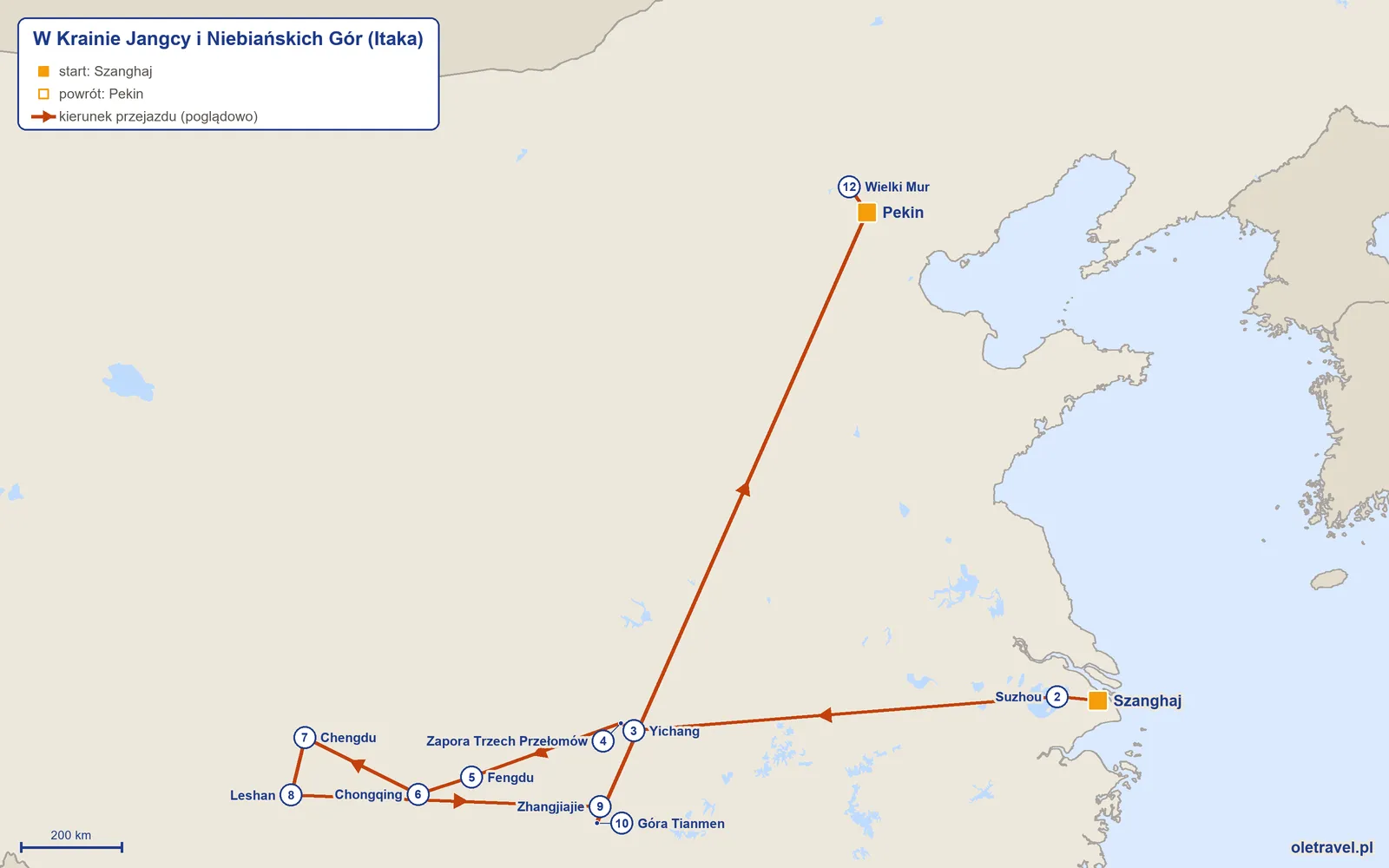 Mapa trasy wycieczki „W Krainie Jangcy i Niebiańskich Gór” z Itaką: Szanghaj – Suzhou – Yichang – Zapora Trzech Przełomów – Fengdu – Chongqing – Chengdu – Leshan – Zhangjiajie – Góra Tianmen – Pekin – Wielki Mur – Pekin