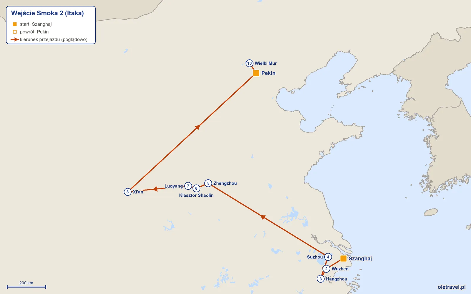 Mapa trasy wycieczki „Wejście Smoka 2” z Itaką: Szanghaj – Wuzhen – Hangzhou – Suzhou – Zhengzhou – Klasztor Shaolin – Luoyang – Xi'an – Pekin – Wielki Mur – Pekin