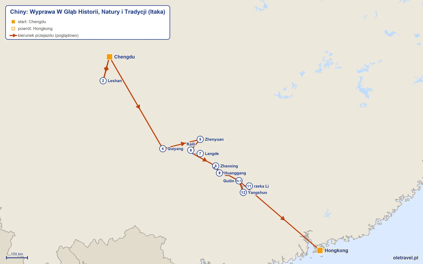Mapa trasy wycieczki „Chiny: Wyprawa W Głąb Historii, Natury i Tradycji” z Itaką: Chengdu – Leshan – Chengdu – Guiyang – Zhenyuan – Kaili – Langde – Zhaoxing – Huanggang – Guilin – rzeka Li – Yangshuo – Guilin – Hongkong