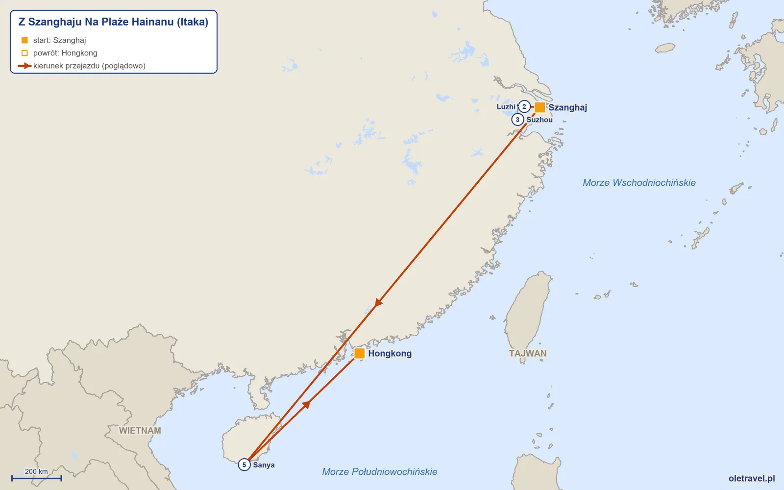 Mapa trasy wycieczki „Z Szanghaju Na Plaże Hainanu” z Itaką: Szanghaj – Luzhi – Suzhou – Szanghaj – Sanya – Hongkong