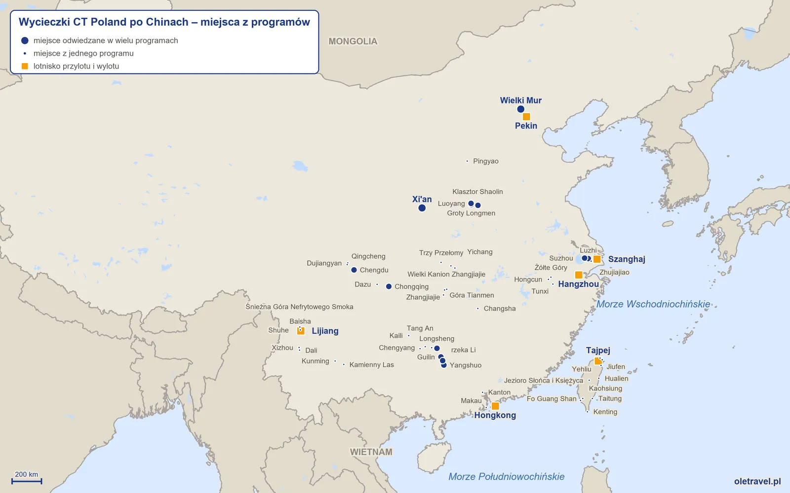 Mapa: Chiny z miejscami z programów wycieczek objazdowych CT Poland