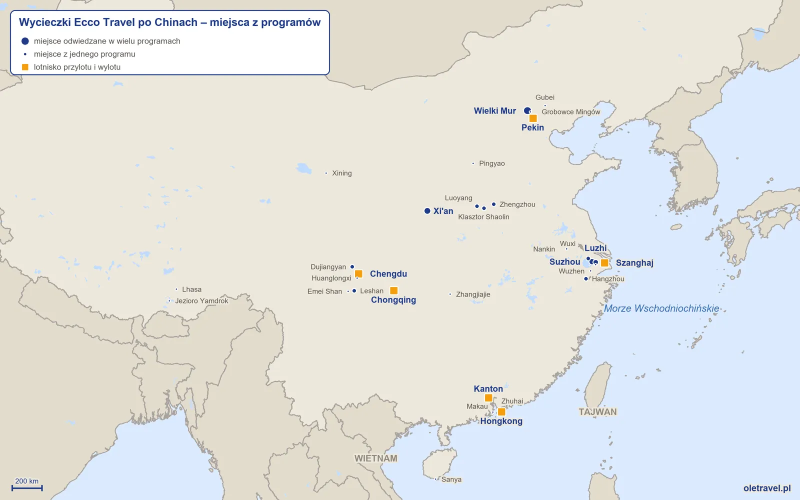 Mapa: Chiny z miejscami z programów wycieczek objazdowych Ecco Travel