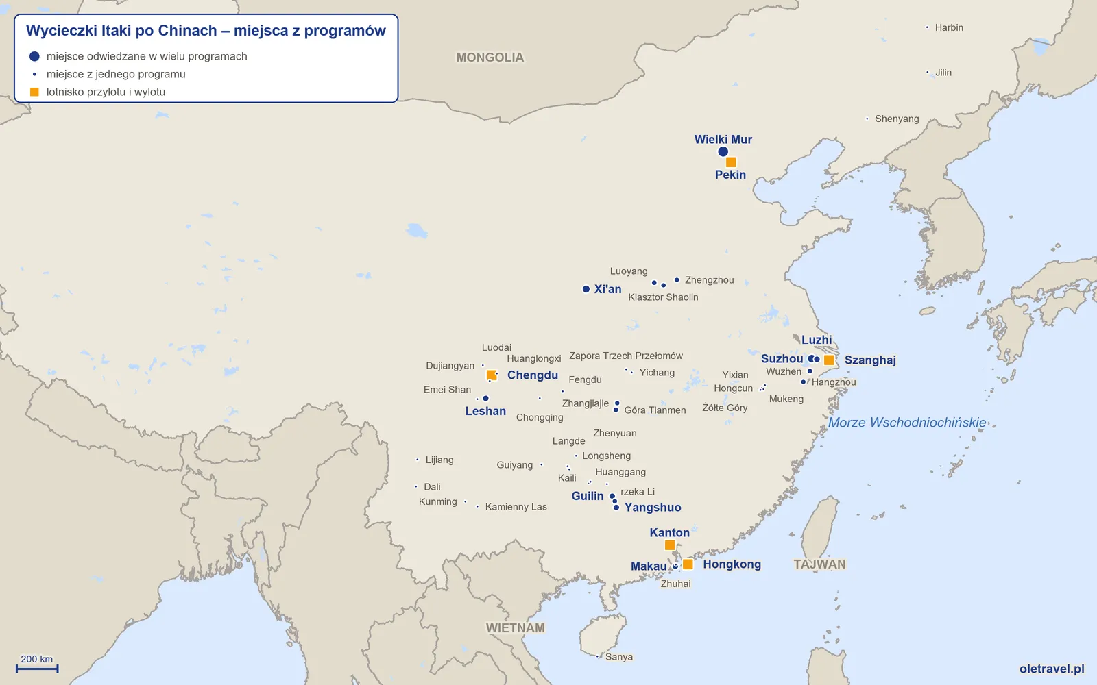 Mapa: Chiny z miejscami z programów wycieczek objazdowych Itaki