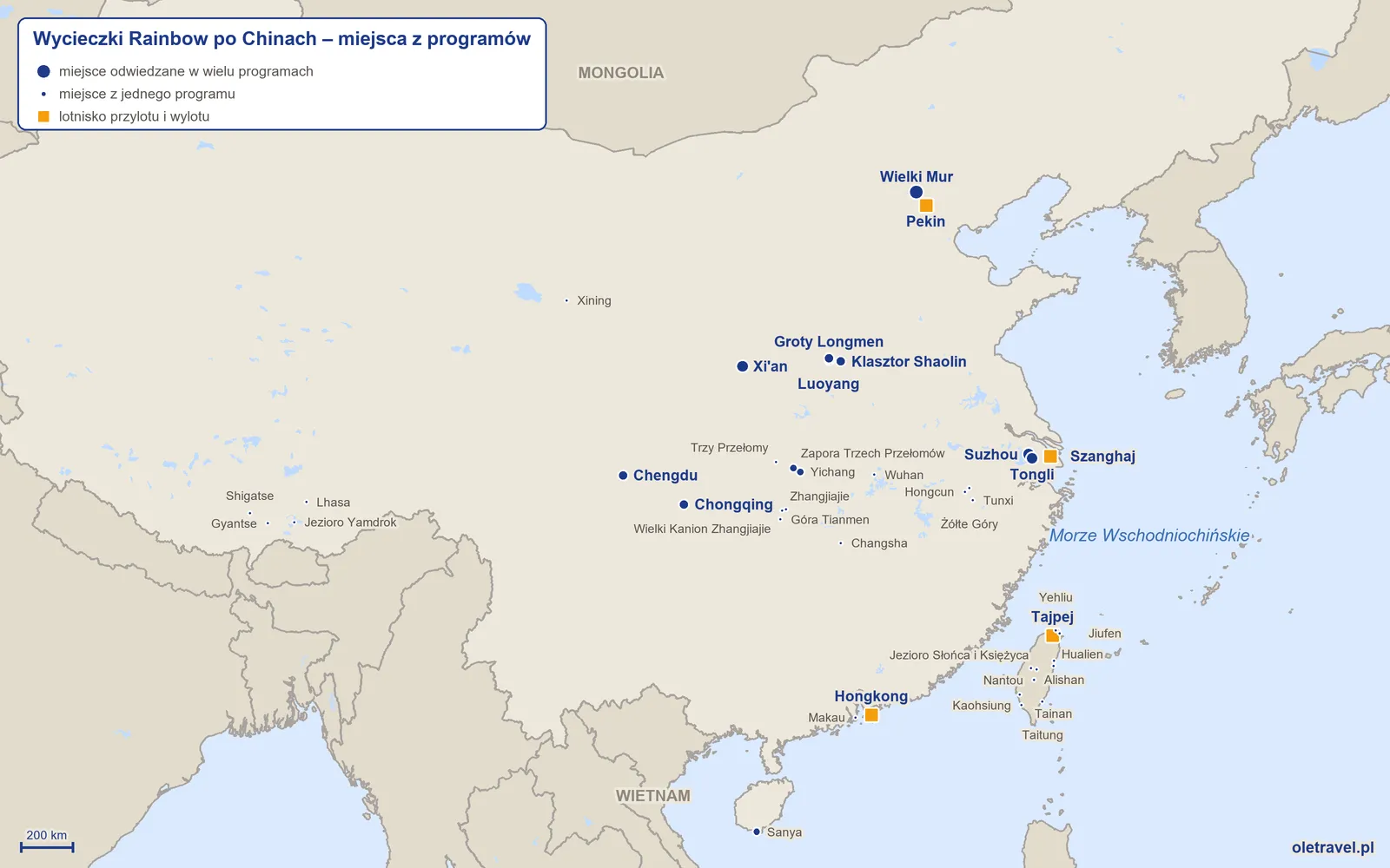 Mapa: Chiny z miejscami z programów wycieczek objazdowych Rainbow