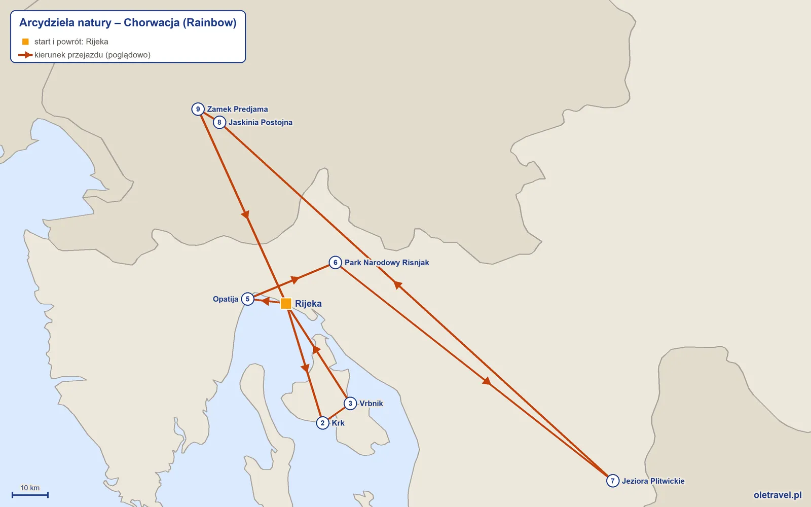 Mapa trasy wycieczki „Arcydzieła natury – Chorwacja” z Rainbow: Rijeka – Krk – Vrbnik – Rijeka – Opatija – Park Narodowy Risnjak – Jeziora Plitwickie – Jaskinia Postojna – Zamek Predjama – Rijeka