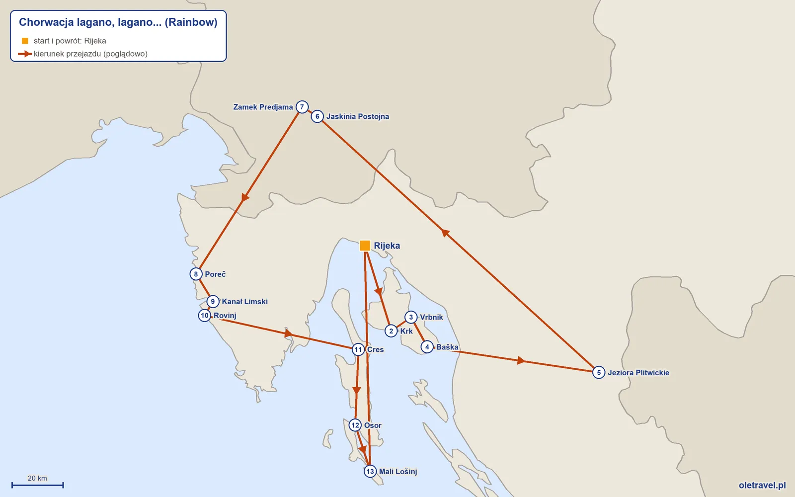Mapa trasy wycieczki „Chorwacja lagano, lagano...” z Rainbow: Rijeka – Krk – Vrbnik – Baška – Jeziora Plitwickie – Jaskinia Postojna – Zamek Predjama – Poreč – Kanał Limski – Rovinj – Cres – Osor – Mali Lošinj – Rijeka
