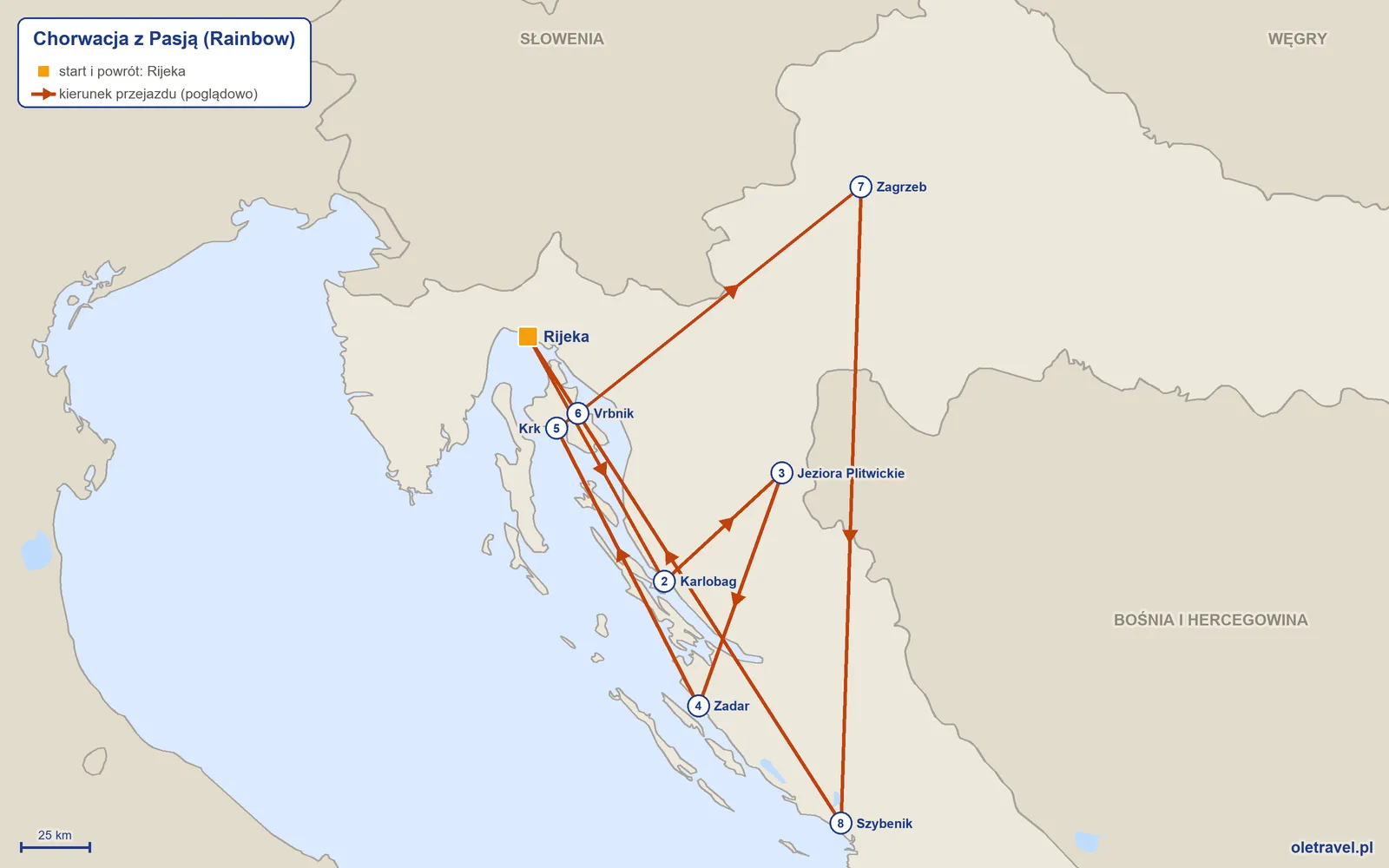 Mapa trasy wycieczki „Chorwacja z Pasją” z Rainbow: Rijeka – Karlobag – Jeziora Plitwickie – Zadar – Krk – Vrbnik – Zagrzeb – Szybenik – Rijeka