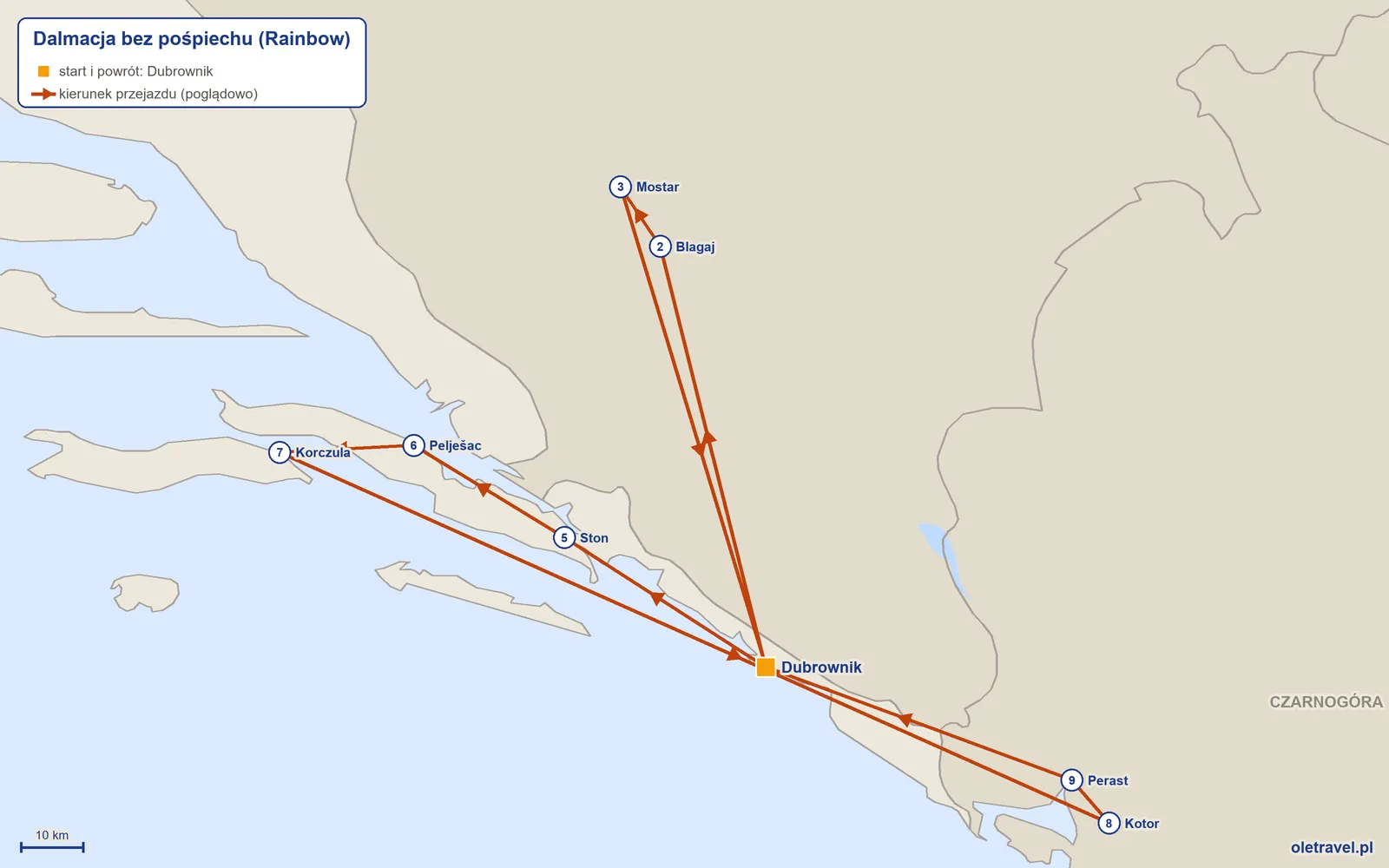 Mapa trasy wycieczki „Dalmacja bez pośpiechu” z Rainbow: Dubrownik – Blagaj – Mostar – Dubrownik – Ston – Pelješac – Korczula – Kotor – Perast – Dubrownik