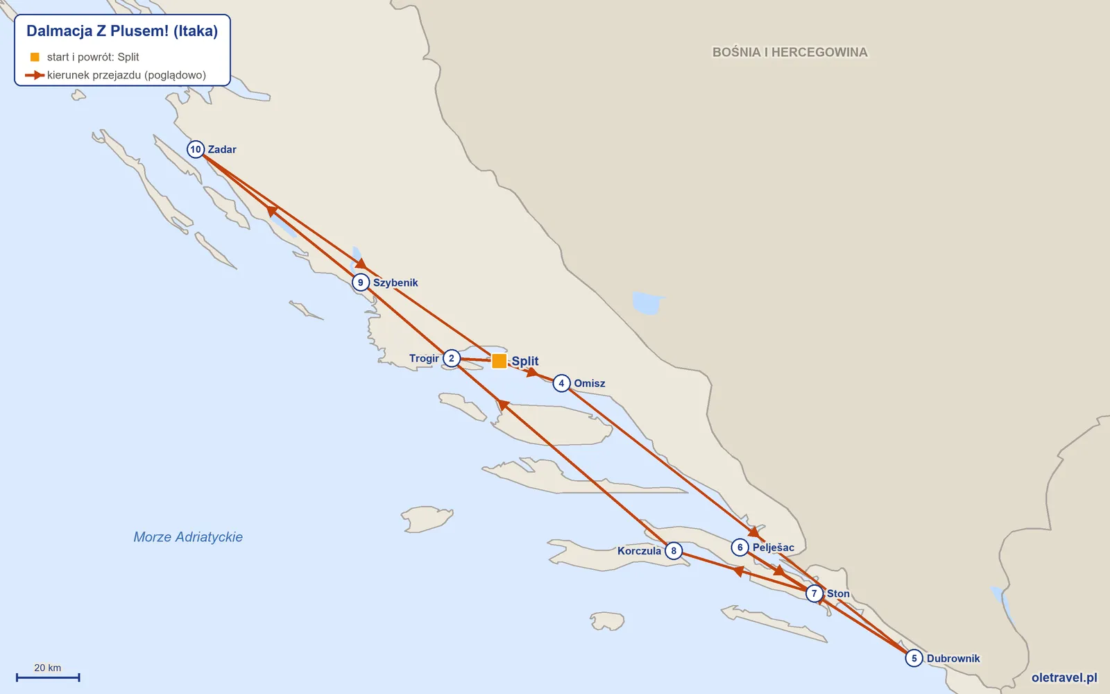 Mapa trasy wycieczki „Dalmacja Z Plusem!” z Itaką: Split – Trogir – Split – Omisz – Dubrownik – Pelješac – Ston – Korczula – Szybenik – Zadar – Split