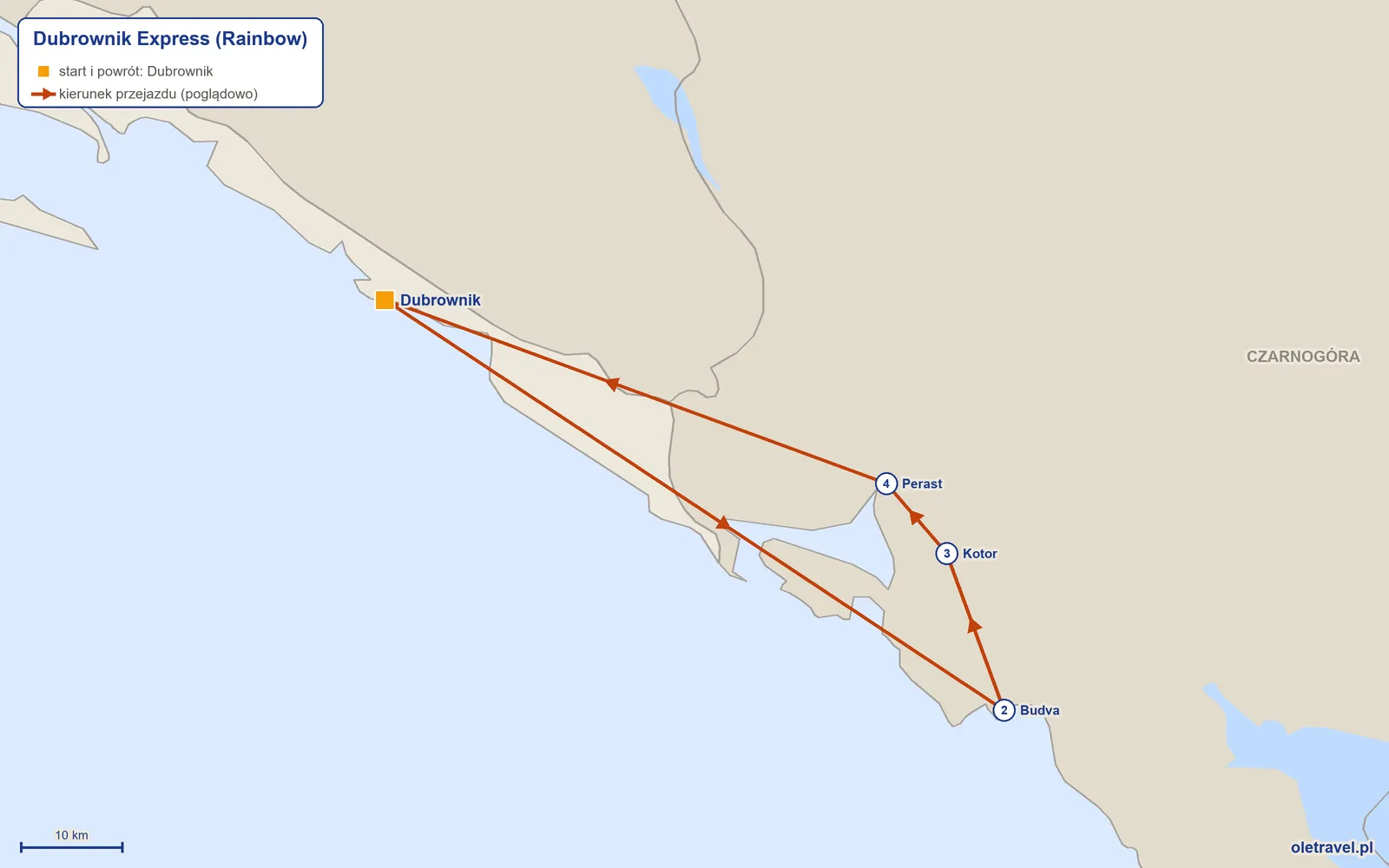 Mapa trasy wycieczki „Dubrownik Express” z Rainbow: Dubrownik – Budva – Kotor – Perast – Dubrownik