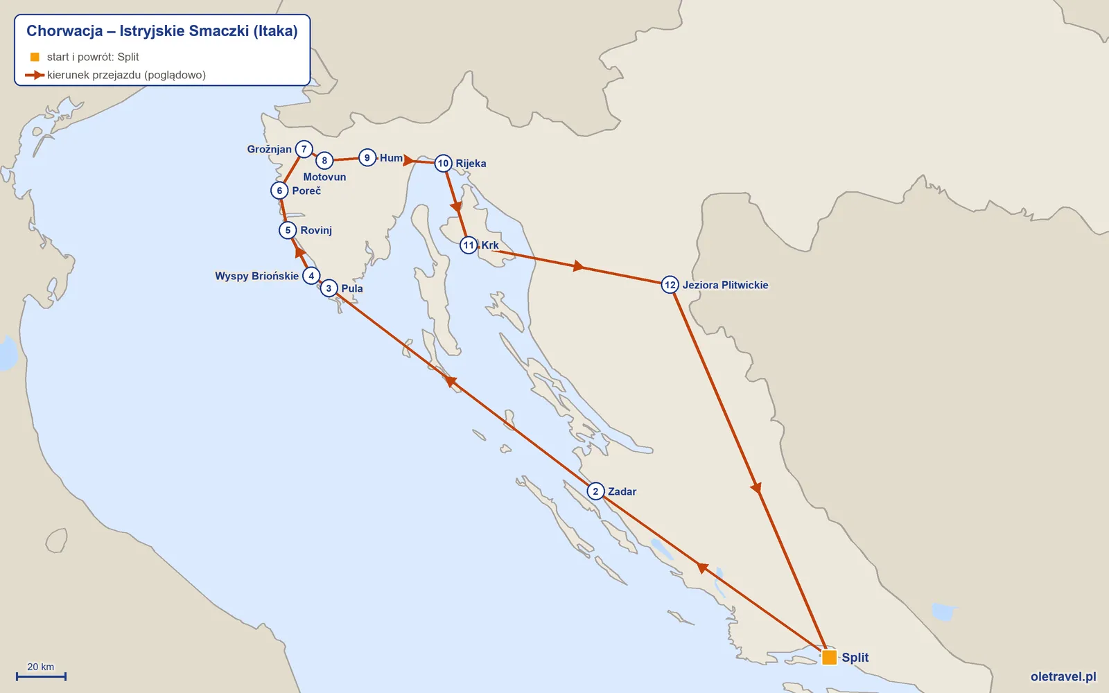 Mapa trasy wycieczki „Chorwacja – Istryjskie Smaczki” z Itaką: Split – Zadar – Pula – Wyspy Briońskie – Rovinj – Poreč – Grožnjan – Motovun – Hum – Rijeka – Krk – Jeziora Plitwickie – Split