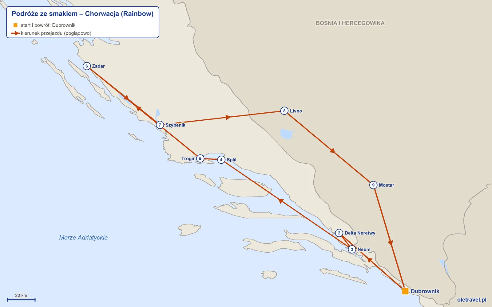 Mapa trasy wycieczki „Podróże ze smakiem – Chorwacja” z Rainbow: Dubrownik – Delta Neretwy – Neum – Split – Trogir – Zadar – Szybenik – Livno – Mostar – Dubrownik