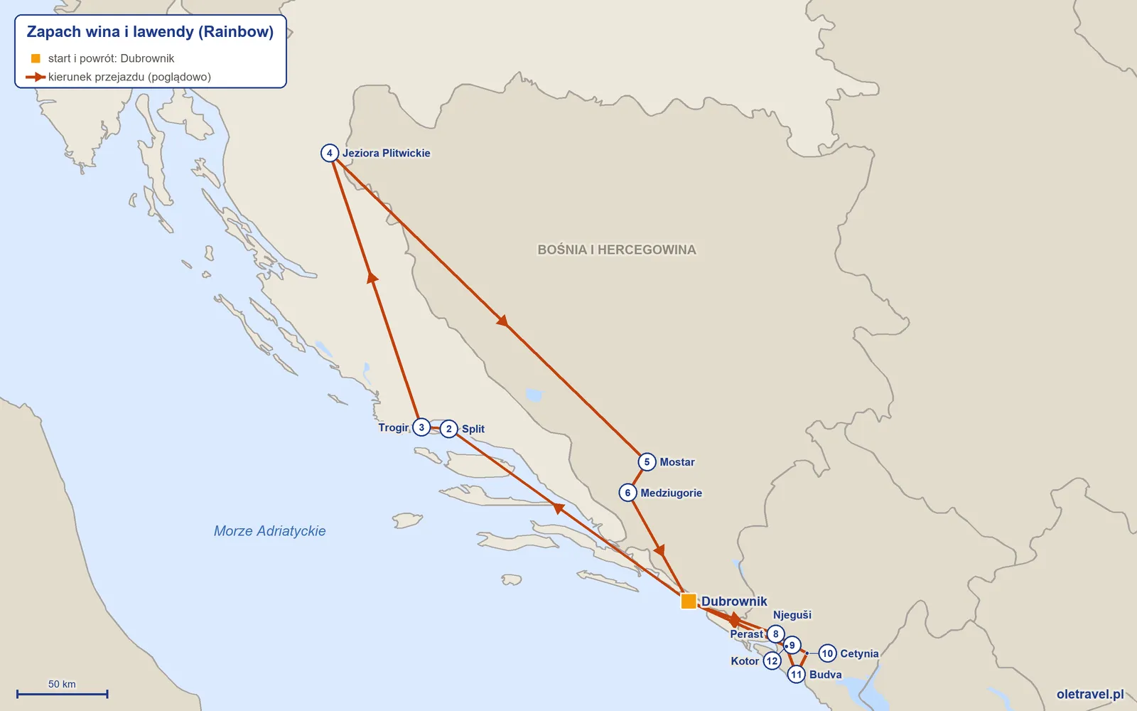 Mapa trasy wycieczki „Zapach wina i lawendy” z Rainbow: Dubrownik – Split – Trogir – Jeziora Plitwickie – Mostar – Medziugorie – Dubrownik – Perast – Njeguši – Cetynia – Budva – Kotor – Dubrownik