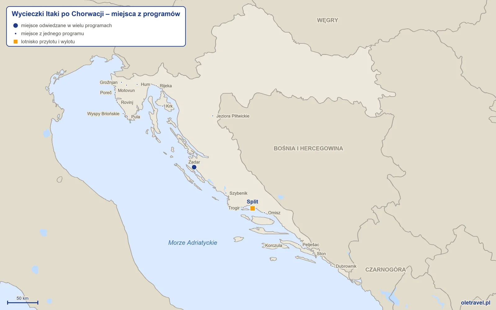 Mapa: Chorwacja z miejscami z programów wycieczek objazdowych Itaki