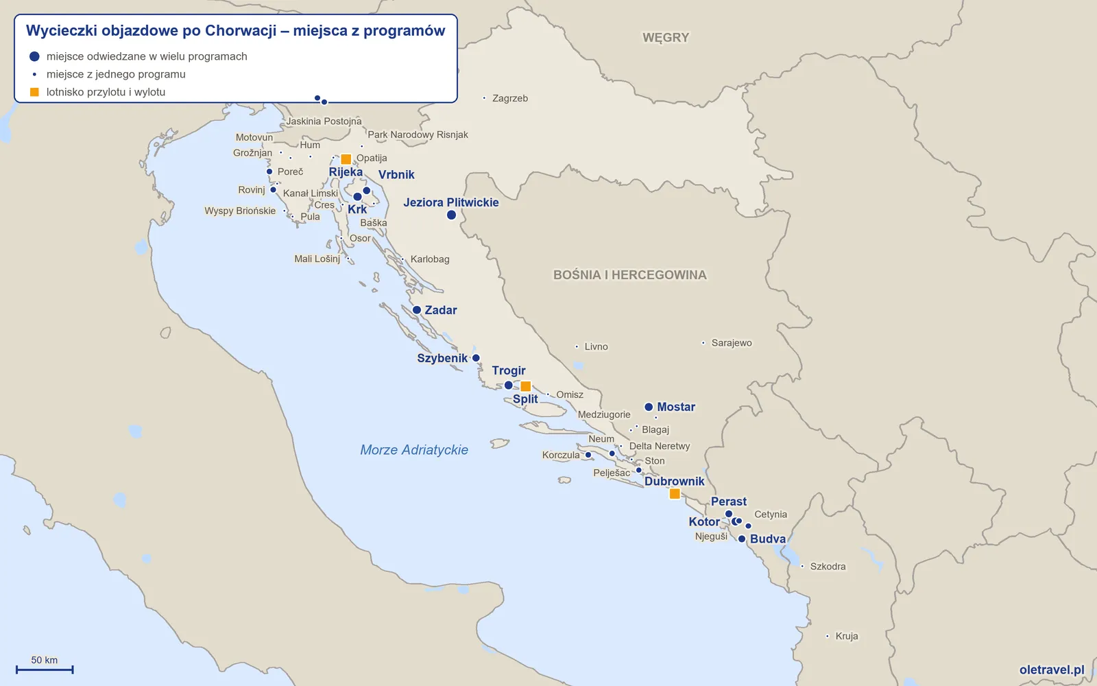 Mapa: Chorwacja z miejscami odwiedzanymi na wycieczkach objazdowych z naszej oferty