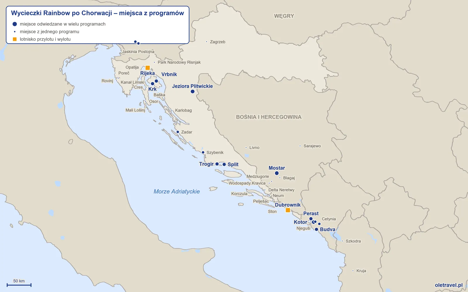 Mapa: Chorwacja z miejscami z programów wycieczek objazdowych Rainbow
