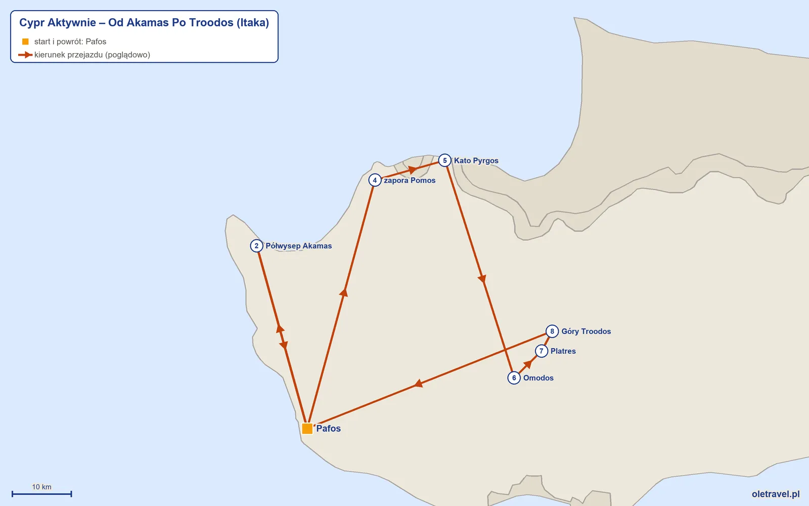 Mapa trasy wycieczki „Cypr Aktywnie – Od Akamas Po Troodos” z Itaką: Pafos – Półwysep Akamas – Pafos – zapora Pomos – Kato Pyrgos – Omodos – Platres – Góry Troodos – Pafos