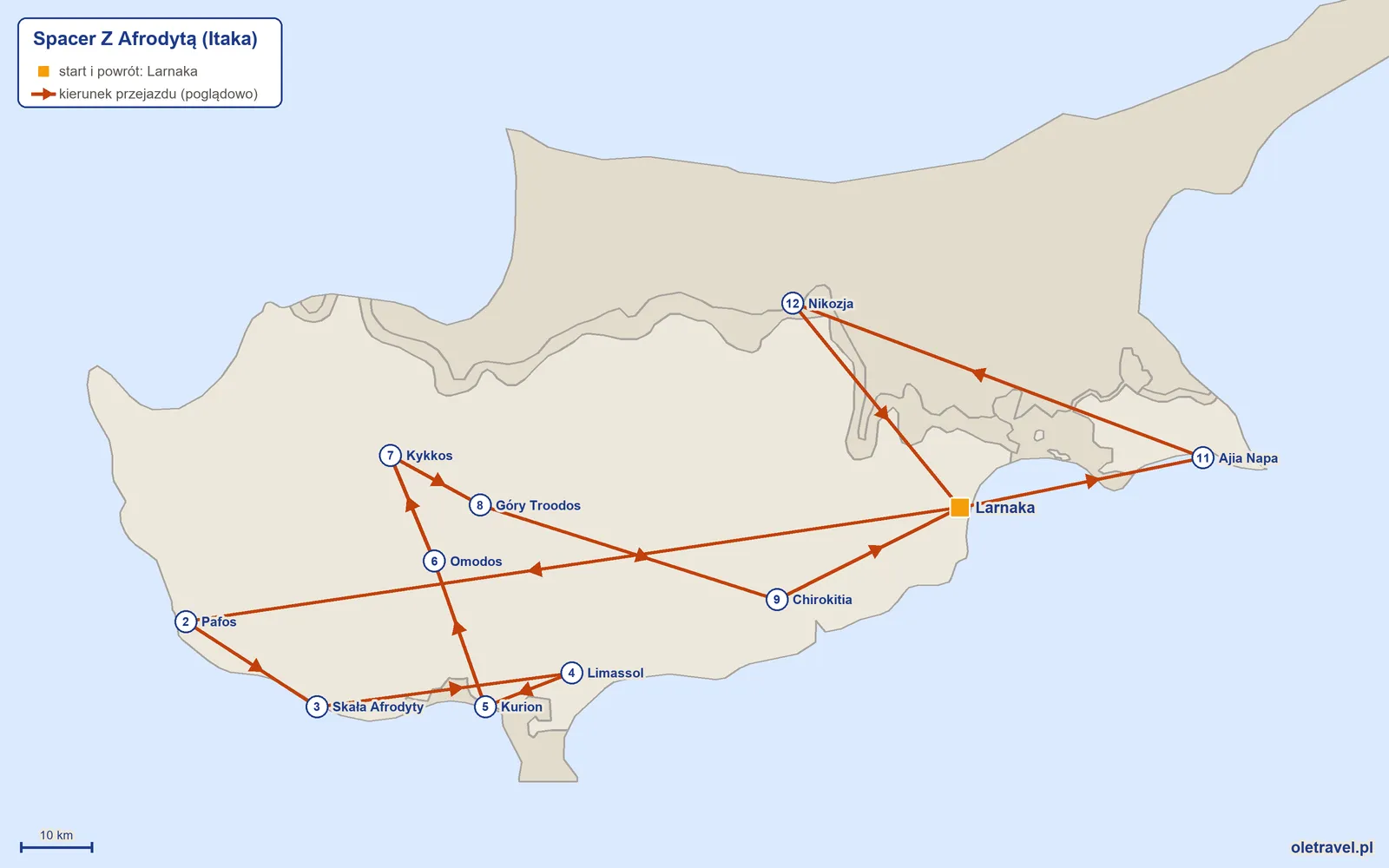 Mapa trasy wycieczki „Spacer Z Afrodytą” z Itaką: Larnaka – Pafos – Skała Afrodyty – Limassol – Kurion – Omodos – Kykkos – Góry Troodos – Chirokitia – Larnaka – Ajia Napa – Nikozja – Larnaka