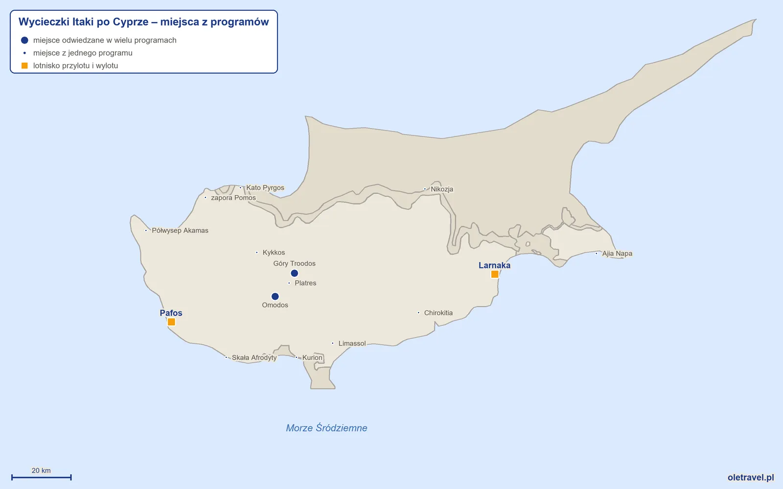 Mapa: Cypr z miejscami z programów wycieczek objazdowych Itaki