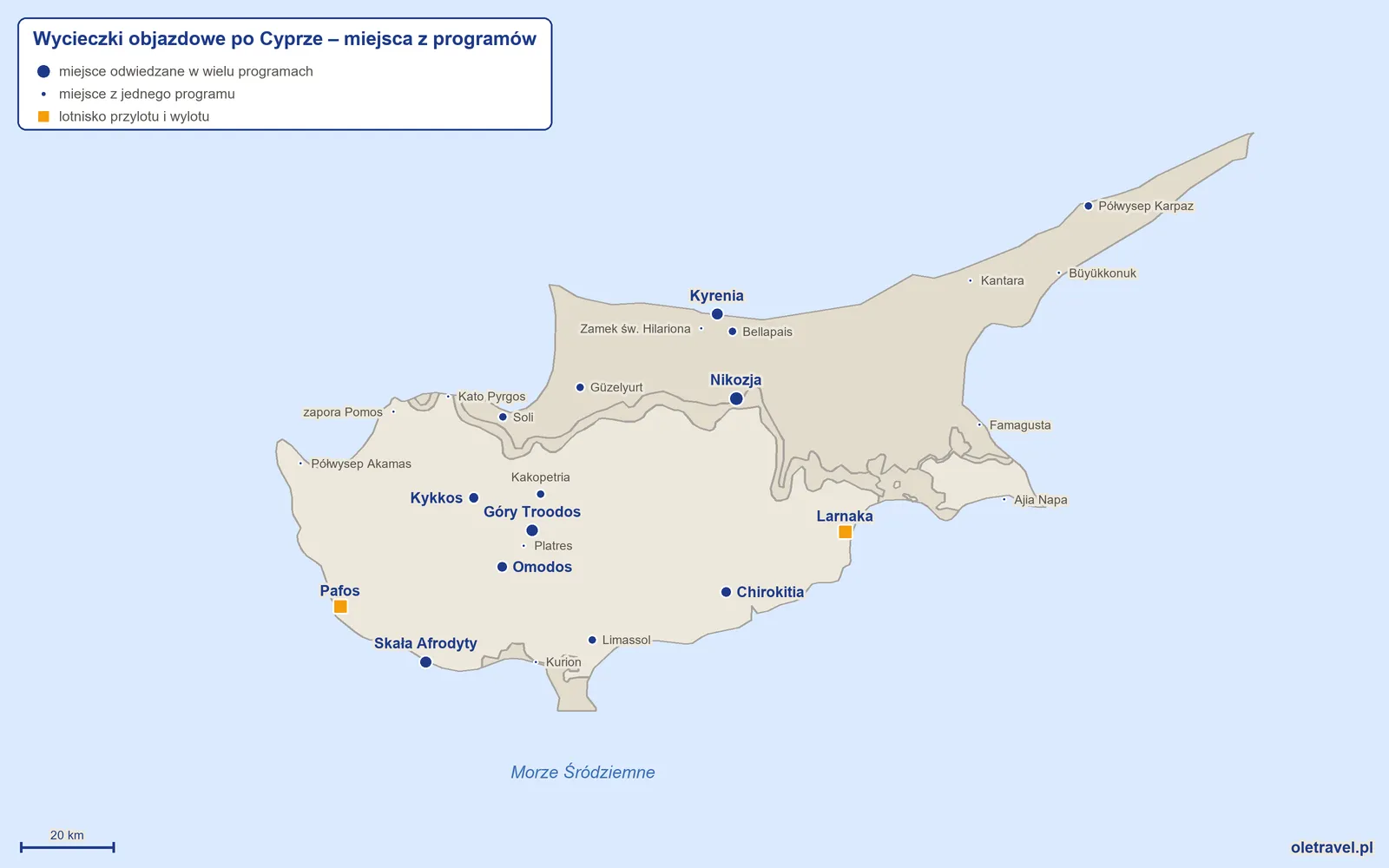 Mapa: Cypr z miejscami odwiedzanymi na wycieczkach objazdowych z naszej oferty