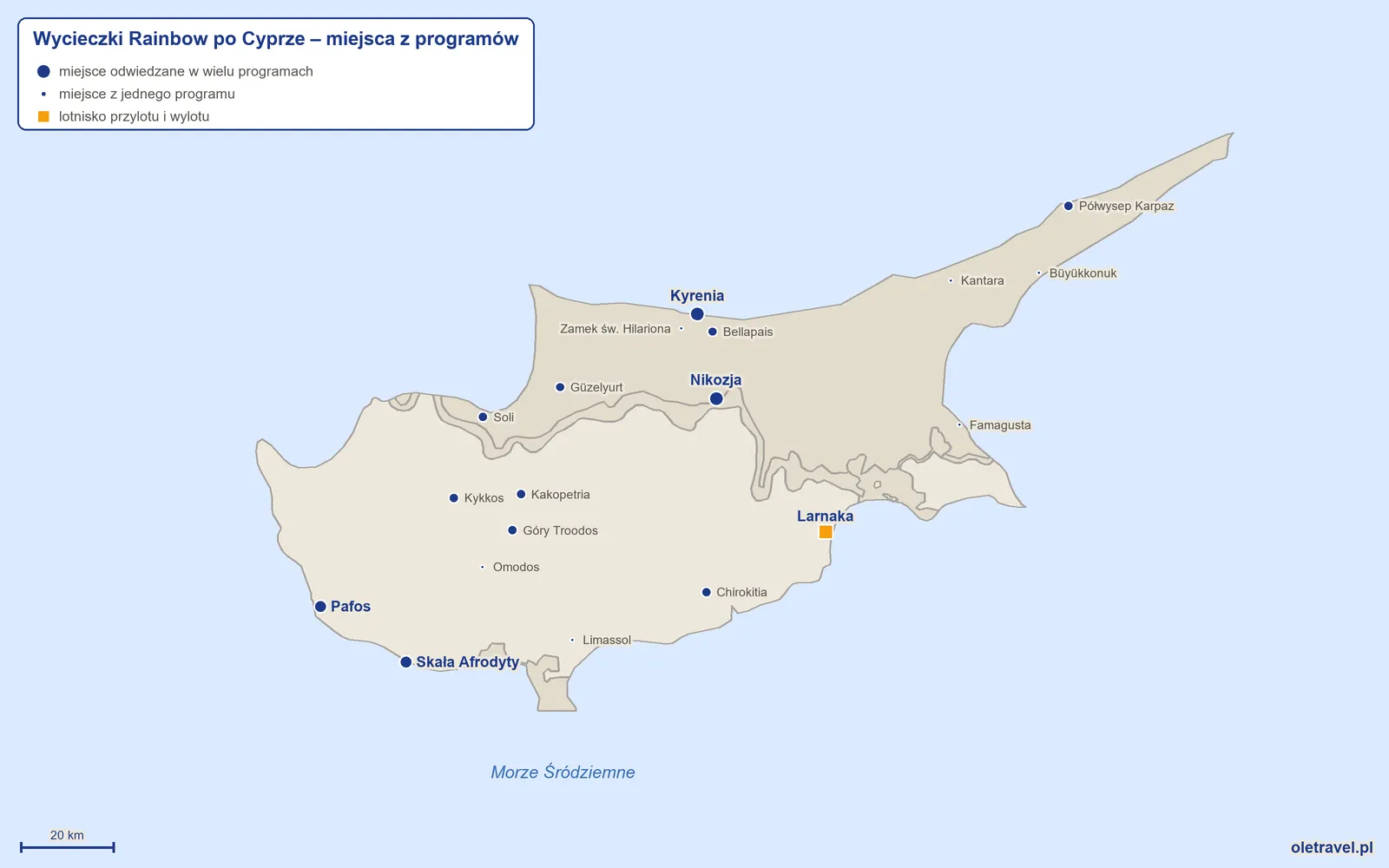 Mapa: Cypr z miejscami z programów wycieczek objazdowych Rainbow