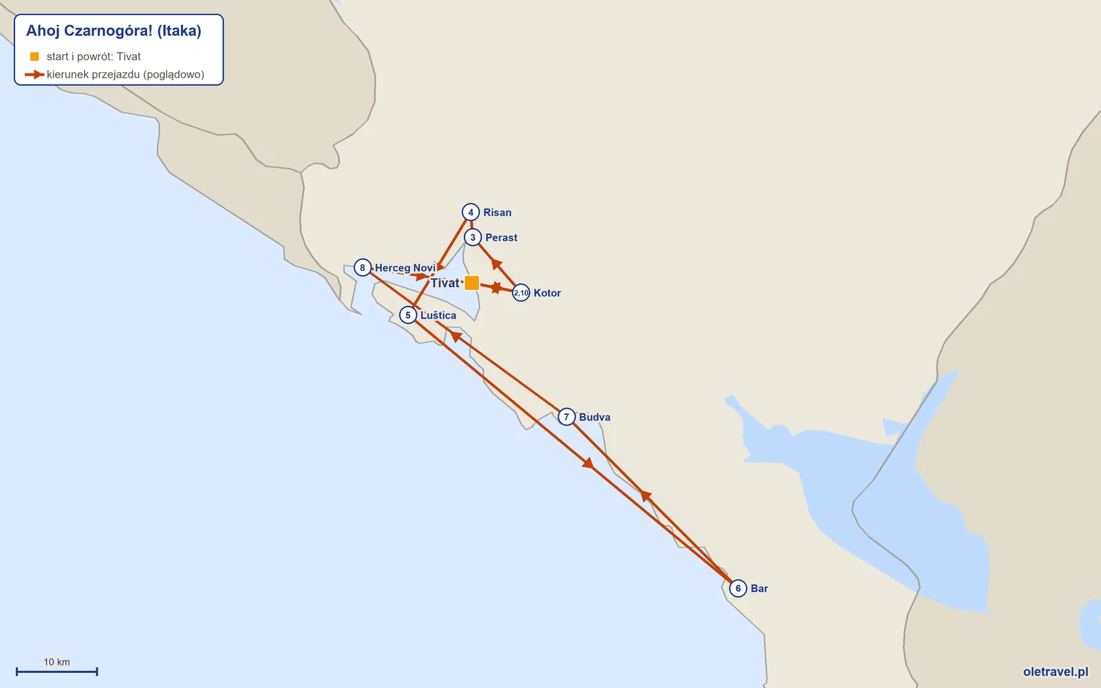 Mapa trasy wycieczki „Ahoj Czarnogóra!” z Itaką: Tivat – Kotor – Perast – Risan – Luštica – Bar – Budva – Herceg Novi – Tivat – Kotor – Tivat