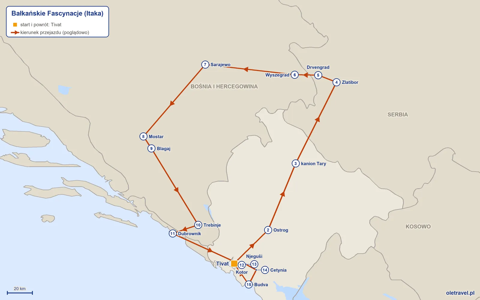 Mapa trasy wycieczki „Bałkańskie Fascynacje” z Itaką: Tivat – Ostrog – kanion Tary – Zlatibor – Drvengrad – Wyszegrad – Sarajewo – Mostar – Blagaj – Trebinje – Dubrownik – Kotor – Njeguši – Cetynia – Budva – Tivat