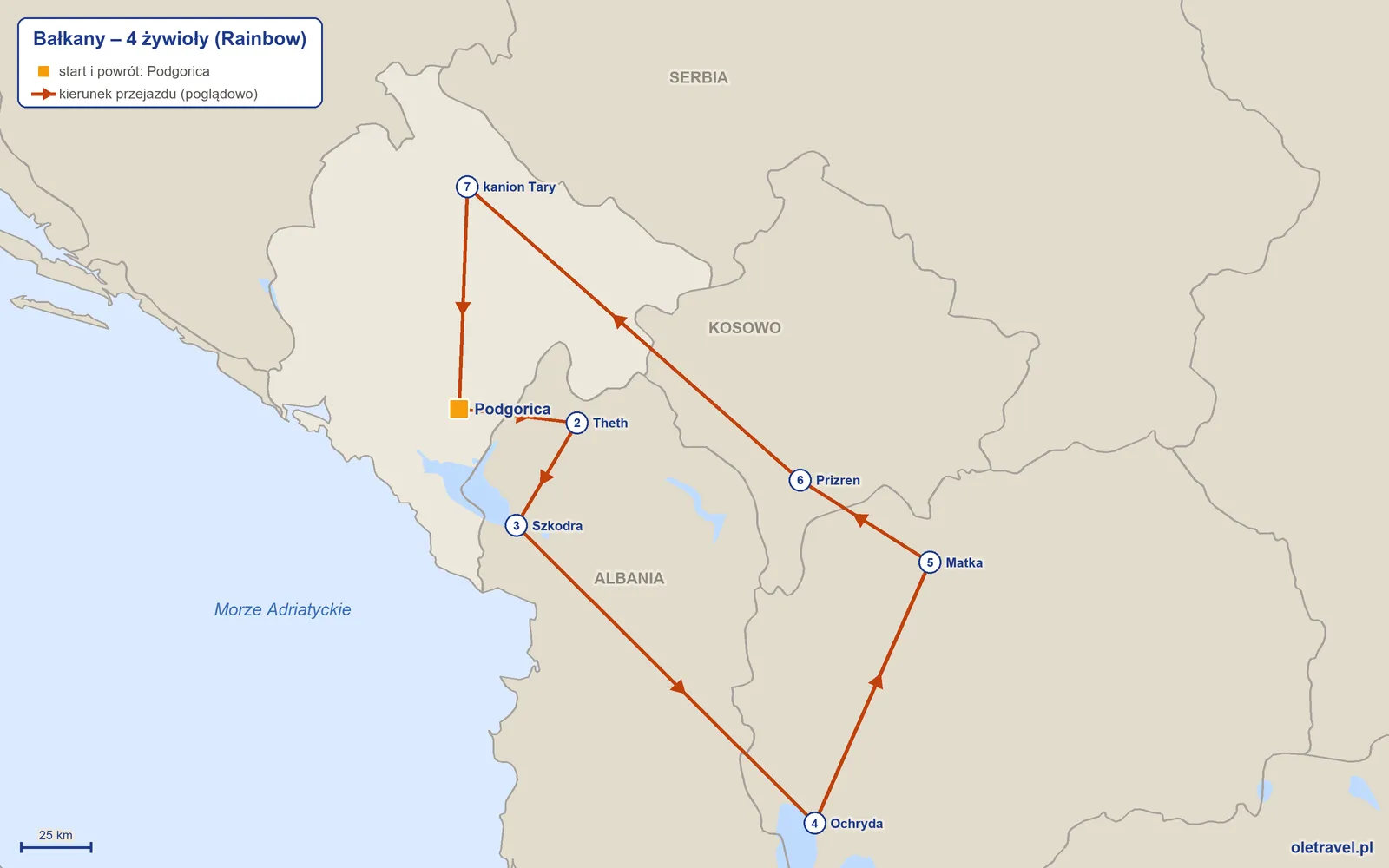 Mapa trasy wycieczki „Bałkany – 4 żywioły” z Rainbow: Podgorica – Theth – Szkodra – Ochryda – Matka – Prizren – kanion Tary – Podgorica