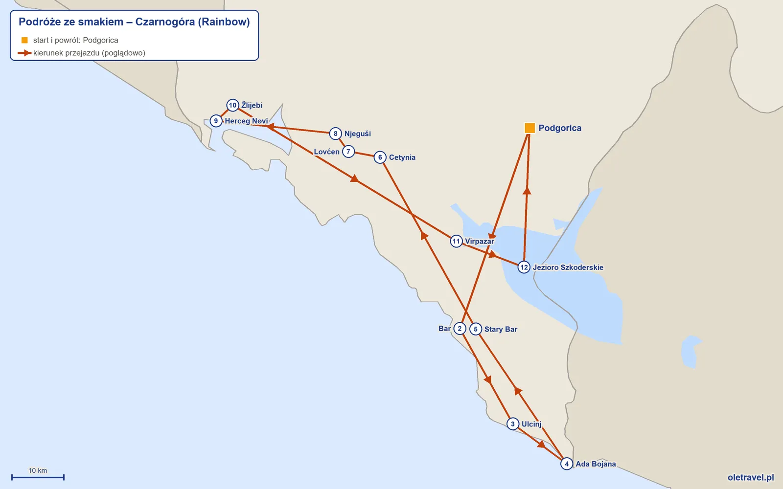 Mapa trasy wycieczki „Podróże ze smakiem – Czarnogóra” z Rainbow: Podgorica – Bar – Ulcinj – Ada Bojana – Stary Bar – Cetynia – Lovćen – Njeguši – Herceg Novi – Žlijebi – Virpazar – Jezioro Szkoderskie – Podgorica