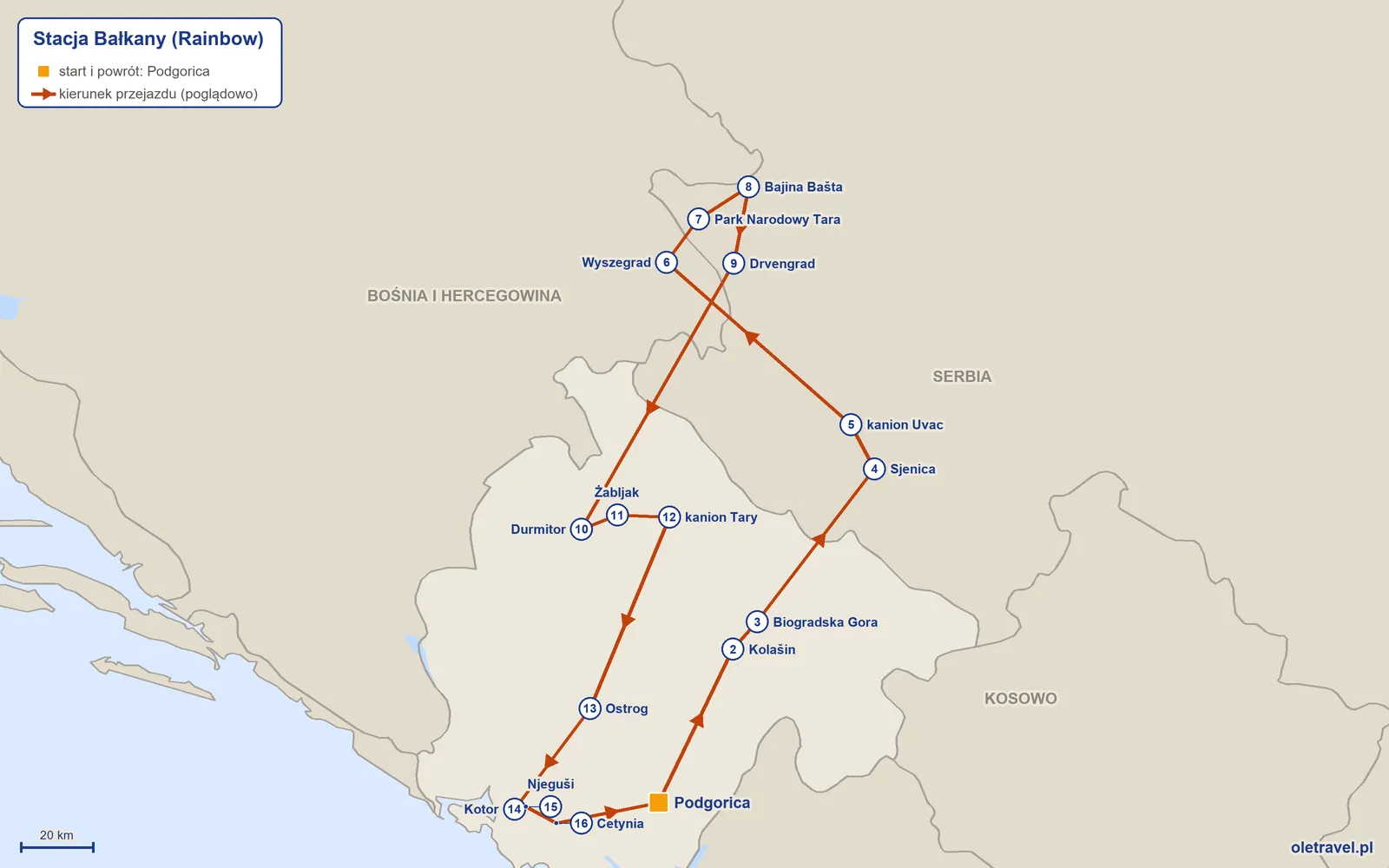 Mapa trasy wycieczki „Stacja Bałkany” z Rainbow: Podgorica – Kolašin – Biogradska Gora – Sjenica – kanion Uvac – Wyszegrad – Park Narodowy Tara – Bajina Bašta – Drvengrad – Durmitor – Żabljak – kanion Tary – Ostrog – Kotor – Njeguši – Cetynia – Podgorica