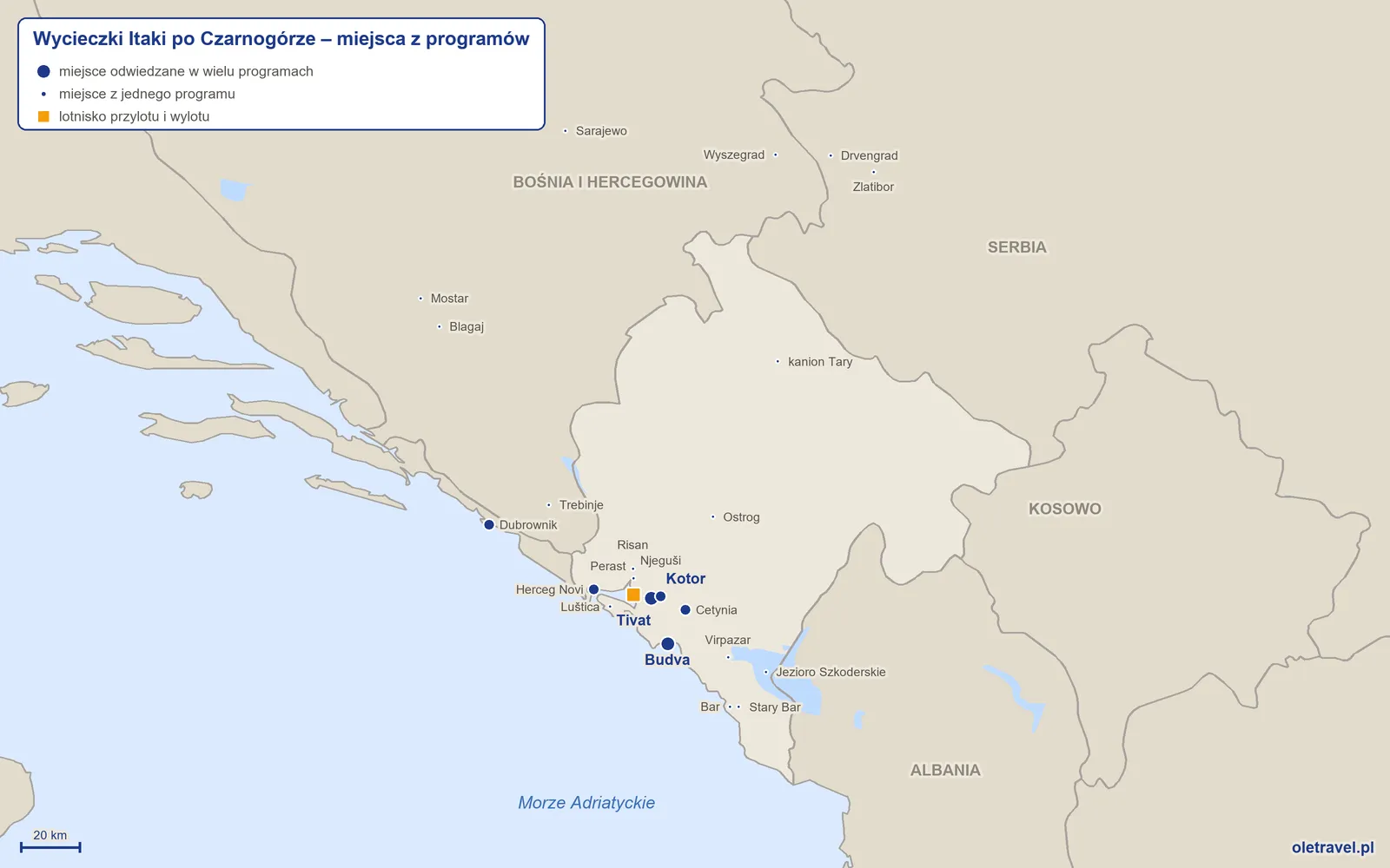 Mapa: Czarnogóra z miejscami z programów wycieczek objazdowych Itaki