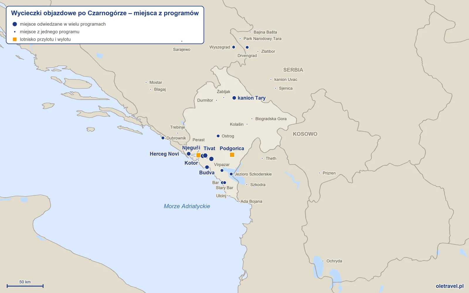 Mapa: Czarnogóra z miejscami odwiedzanymi na wycieczkach objazdowych z naszej oferty