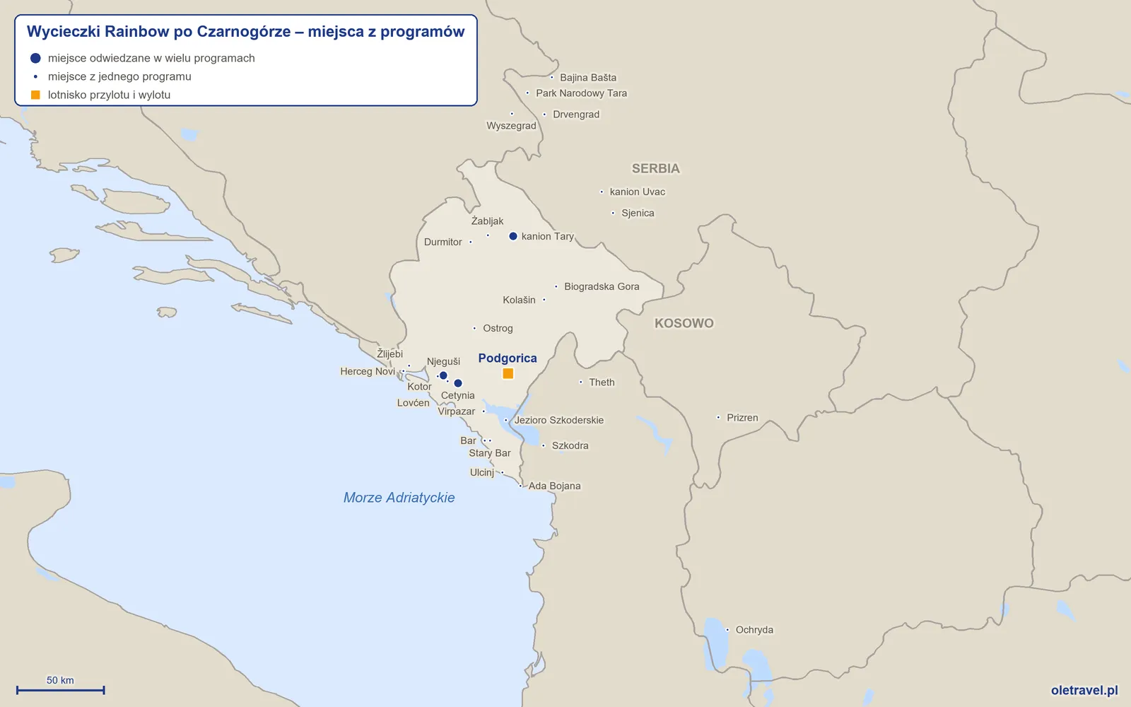 Mapa: Czarnogóra z miejscami z programów wycieczek objazdowych Rainbow