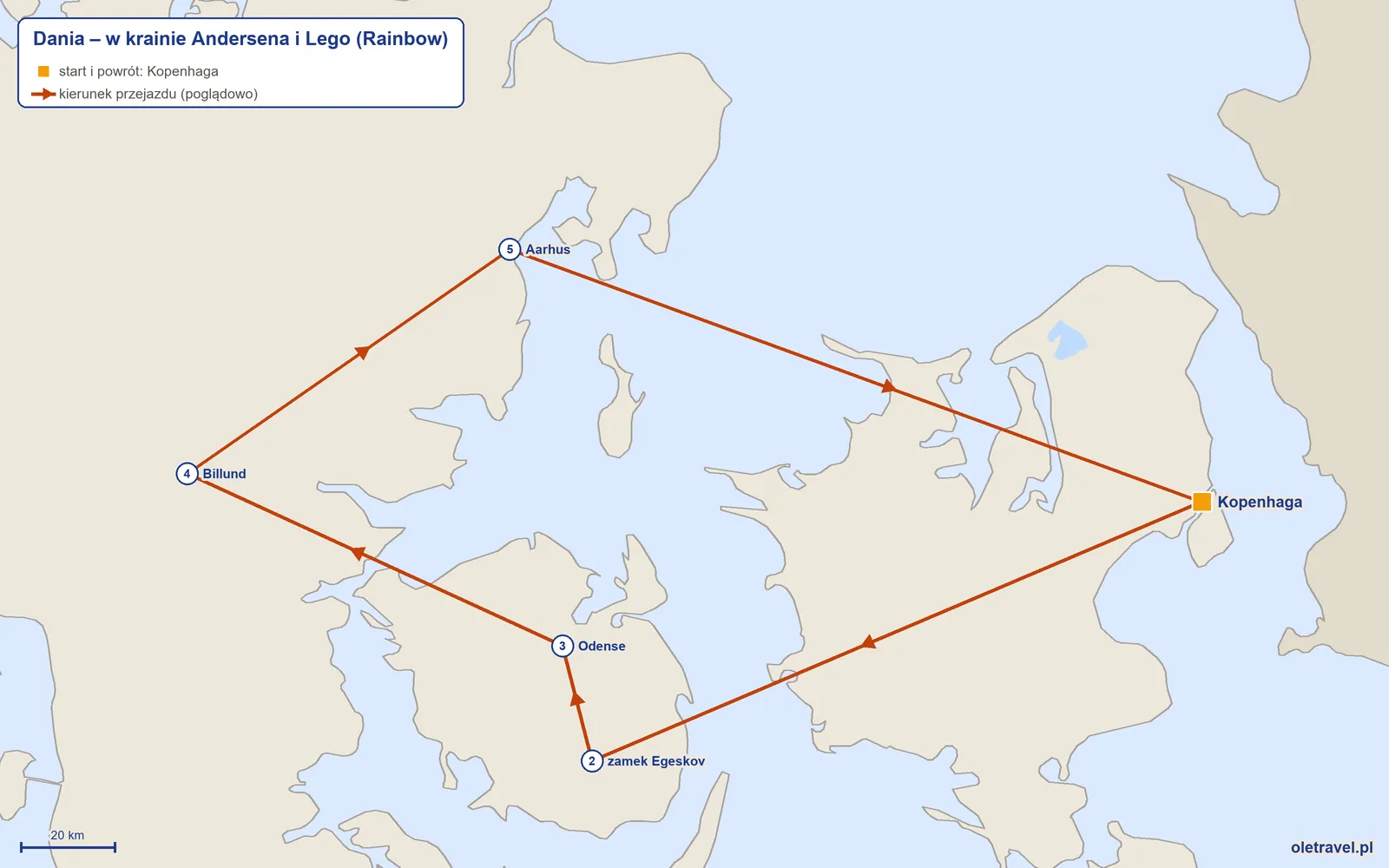 Mapa trasy wycieczki „Dania – w krainie Andersena i Lego” z Rainbow: Kopenhaga – zamek Egeskov – Odense – Billund – Aarhus – Kopenhaga