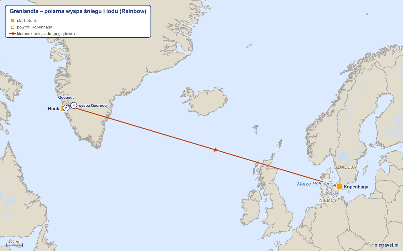 Mapa trasy wycieczki „Grenlandia – polarna wyspa śniegu i lodu” z Rainbow: Nuuk – Qooqqut – Nuuk – wyspa Qoornoq – Kopenhaga
