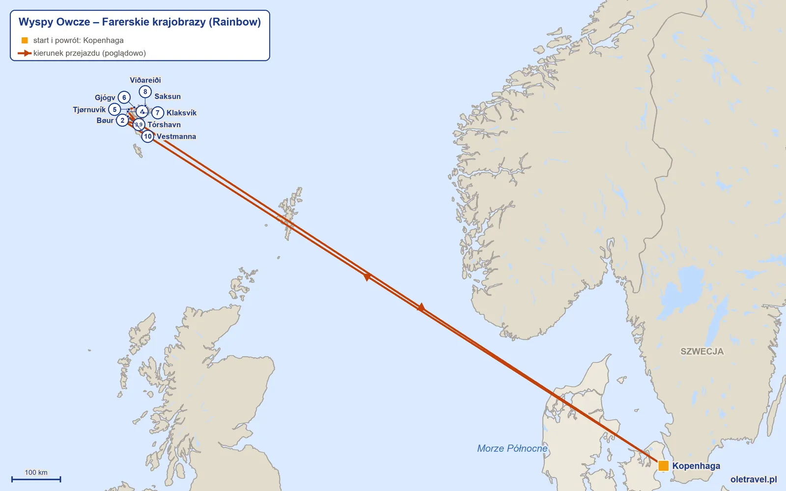 Mapa trasy wycieczki „Wyspy Owcze – Farerskie krajobrazy” z Rainbow: Kopenhaga – Bøur – Tórshavn – Saksun – Tjørnuvík – Gjógv – Klaksvík – Viðareiði – Tórshavn – Vestmanna – Kopenhaga
