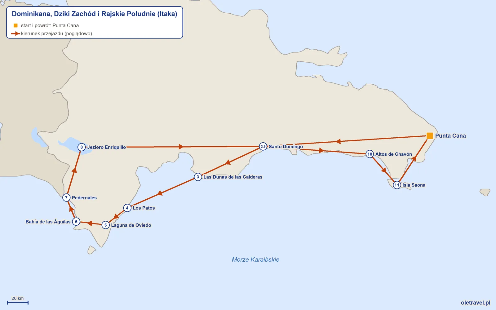 Mapa trasy wycieczki „Dominikana, Dziki Zachód i Rajskie Południe” z Itaką: Punta Cana – Santo Domingo – Las Dunas de las Calderas – Los Patos – Laguna de Oviedo – Bahía de las Águilas – Pedernales – Jezioro Enriquillo – Santo Domingo – Altos de Chavón – Isla Saona – Punta Cana