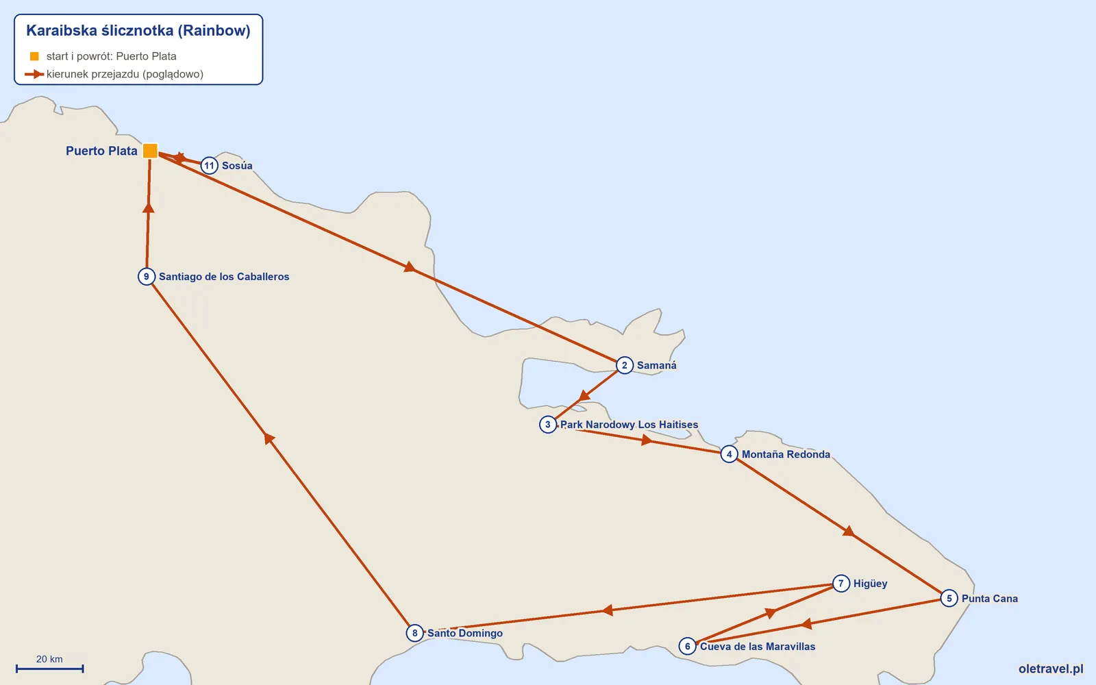 Mapa trasy wycieczki „Karaibska ślicznotka” z Rainbow: Puerto Plata – Samaná – Park Narodowy Los Haitises – Montaña Redonda – Punta Cana – Cueva de las Maravillas – Higüey – Santo Domingo – Santiago de los Caballeros – Puerto Plata – Sosúa – Puerto Plata