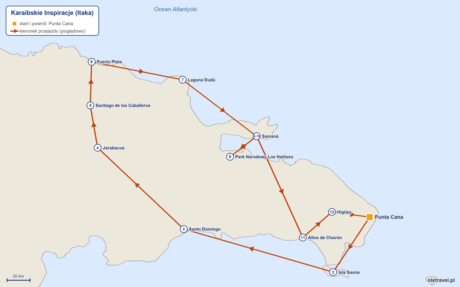 Mapa trasy wycieczki „Karaibskie Inspiracje” z Itaką: Punta Cana – Isla Saona – Santo Domingo – Jarabacoa – Santiago de los Caballeros – Puerto Plata – Laguna Dudú – Samaná – Park Narodowy Los Haitises – Samaná – Altos de Chavón – Higüey – Punta Cana