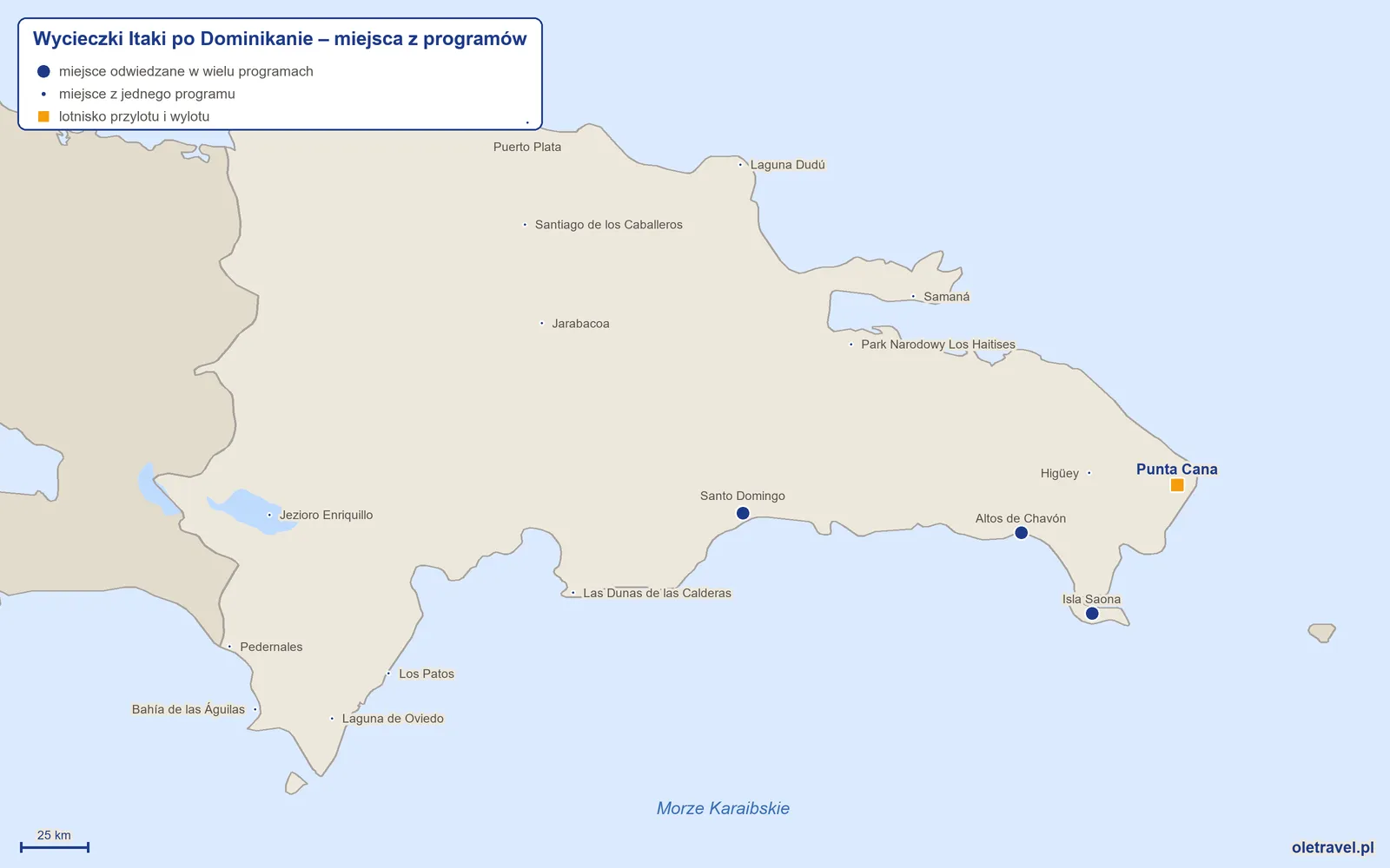 Mapa: Dominikana z miejscami z programów wycieczek objazdowych Itaki
