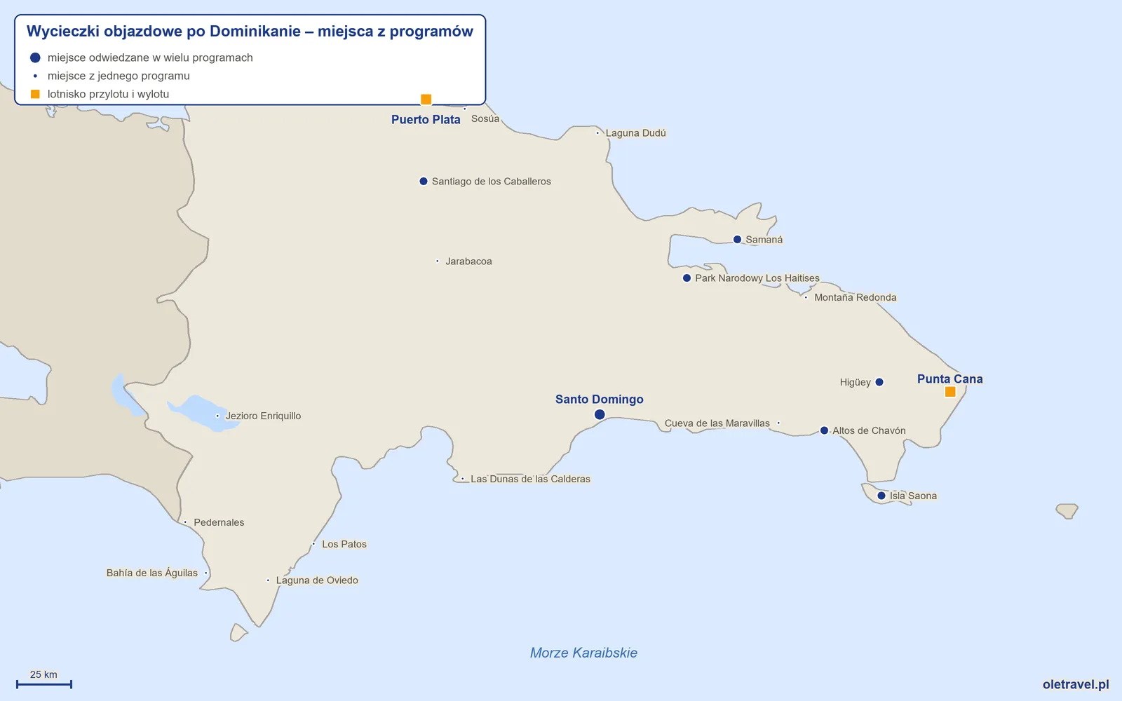 Mapa: Dominikana z miejscami odwiedzanymi na wycieczkach objazdowych z naszej oferty