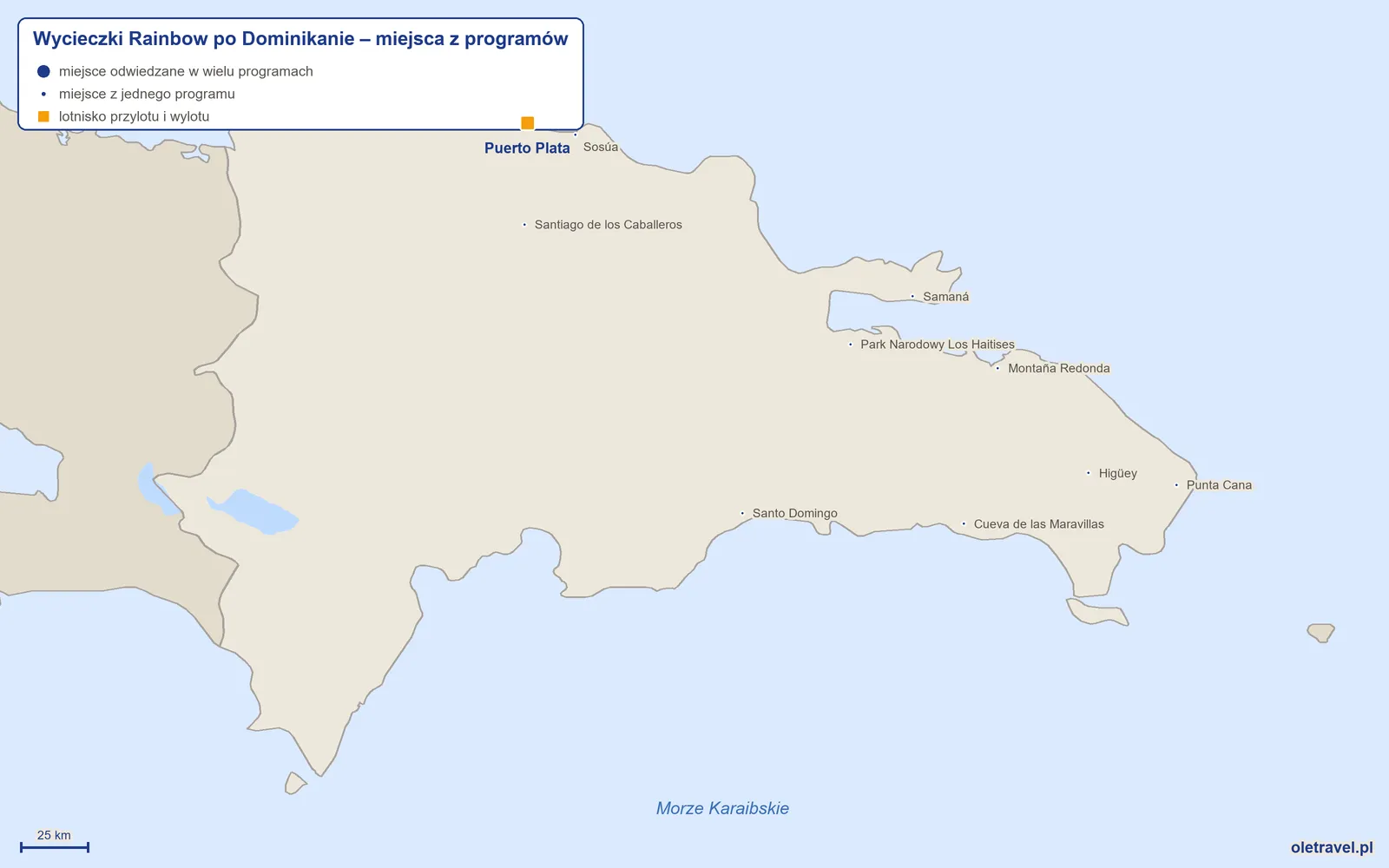 Mapa: Dominikana z miejscami z programów wycieczek objazdowych Rainbow