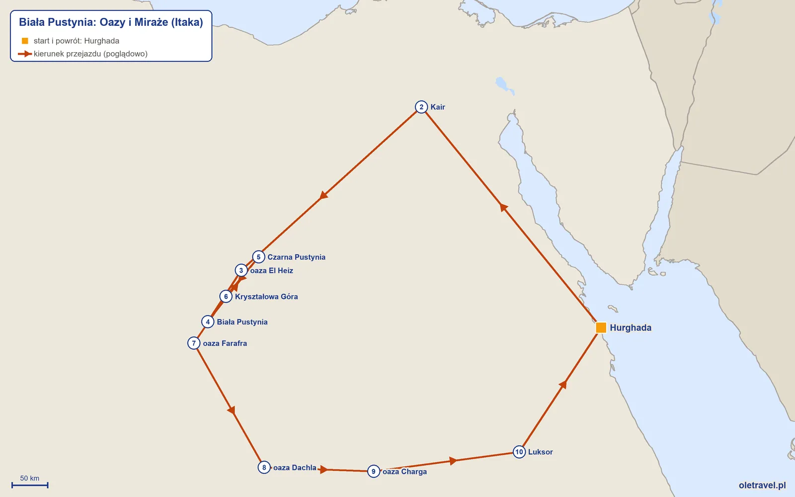 Mapa trasy wycieczki „Biała Pustynia: Oazy i Miraże” z Itaką: Hurghada – Kair – oaza El Heiz – Biała Pustynia – Czarna Pustynia – Kryształowa Góra – oaza Farafra – oaza Dachla – oaza Charga – Luksor – Hurghada
