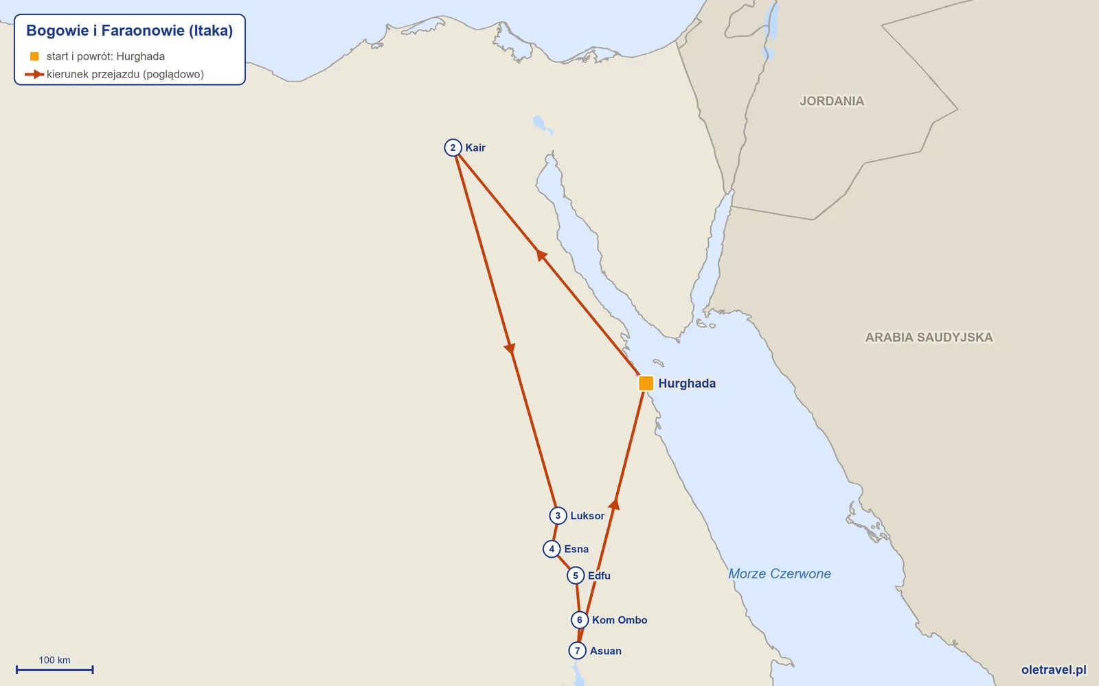 Mapa trasy wycieczki „Bogowie i Faraonowie” z Itaką: Hurghada – Kair – Luksor – Esna – Edfu – Kom Ombo – Asuan – Hurghada